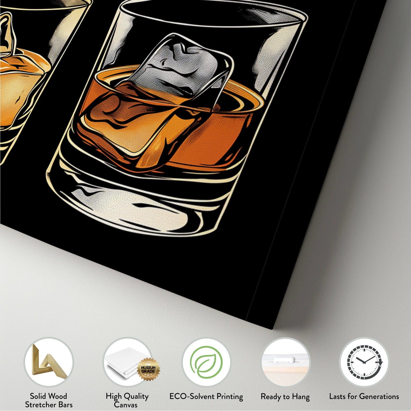 Whiskey Glass Above Bed Wall Art Bourbon Bar, Panoramic Scotch Canvas Print, Man Cave Long Horizontal Canvas Art
