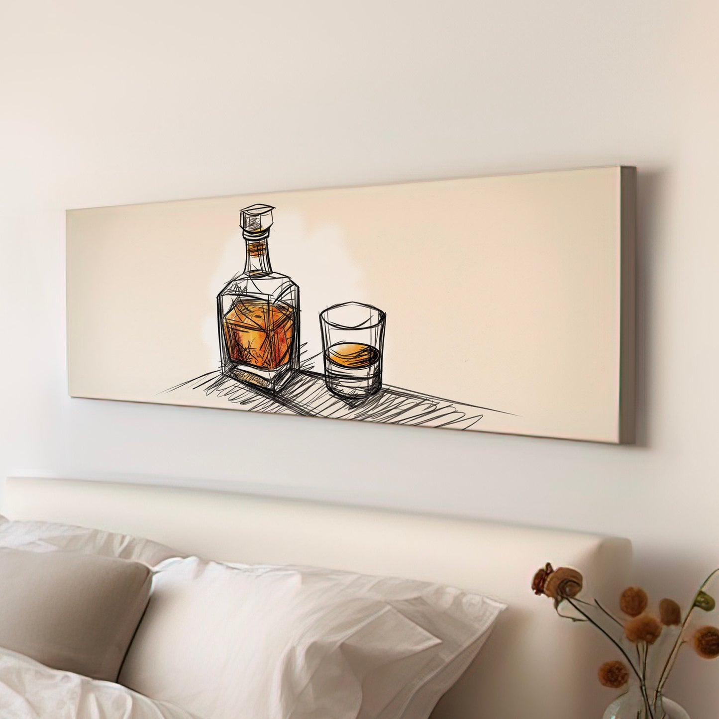Whiskey Drawing Above Bed Wall Art Bourbon Bar, Panoramic Scotch Canvas Print, Man Cave Long Horizontal Canvas Art