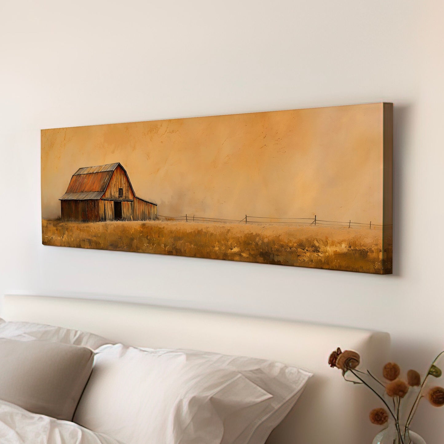 Vintage Barn Above Bed Wall Art Countryside, Panoramic Farmhouse Canvas Print, Wheat Field Long Horizontal Canvas Art
