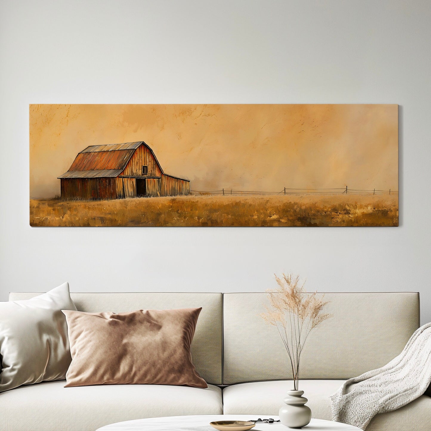 Vintage Barn Above Bed Wall Art Countryside, Panoramic Farmhouse Canvas Print, Wheat Field Long Horizontal Canvas Art