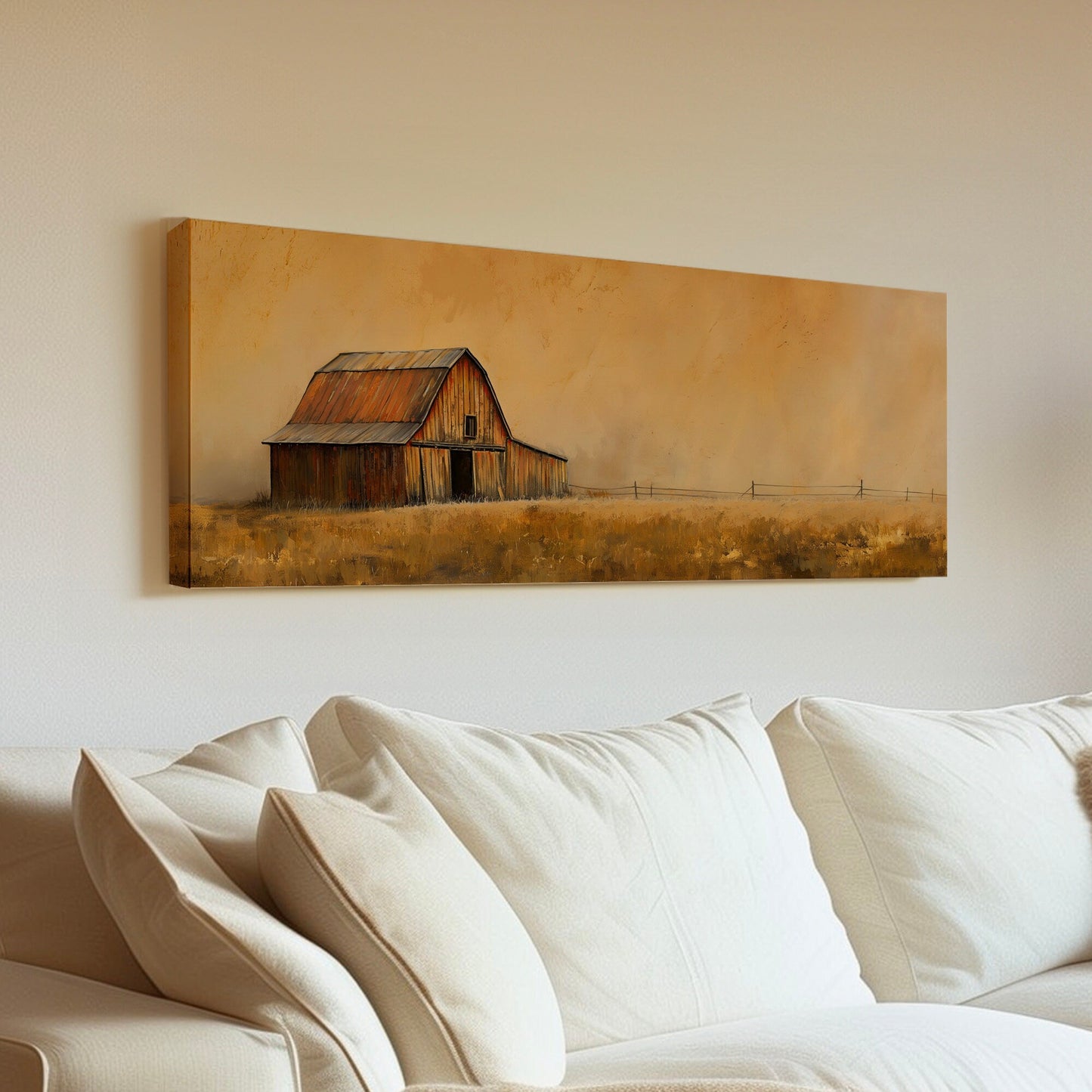 Vintage Barn Above Bed Wall Art Countryside, Panoramic Farmhouse Canvas Print, Wheat Field Long Horizontal Canvas Art