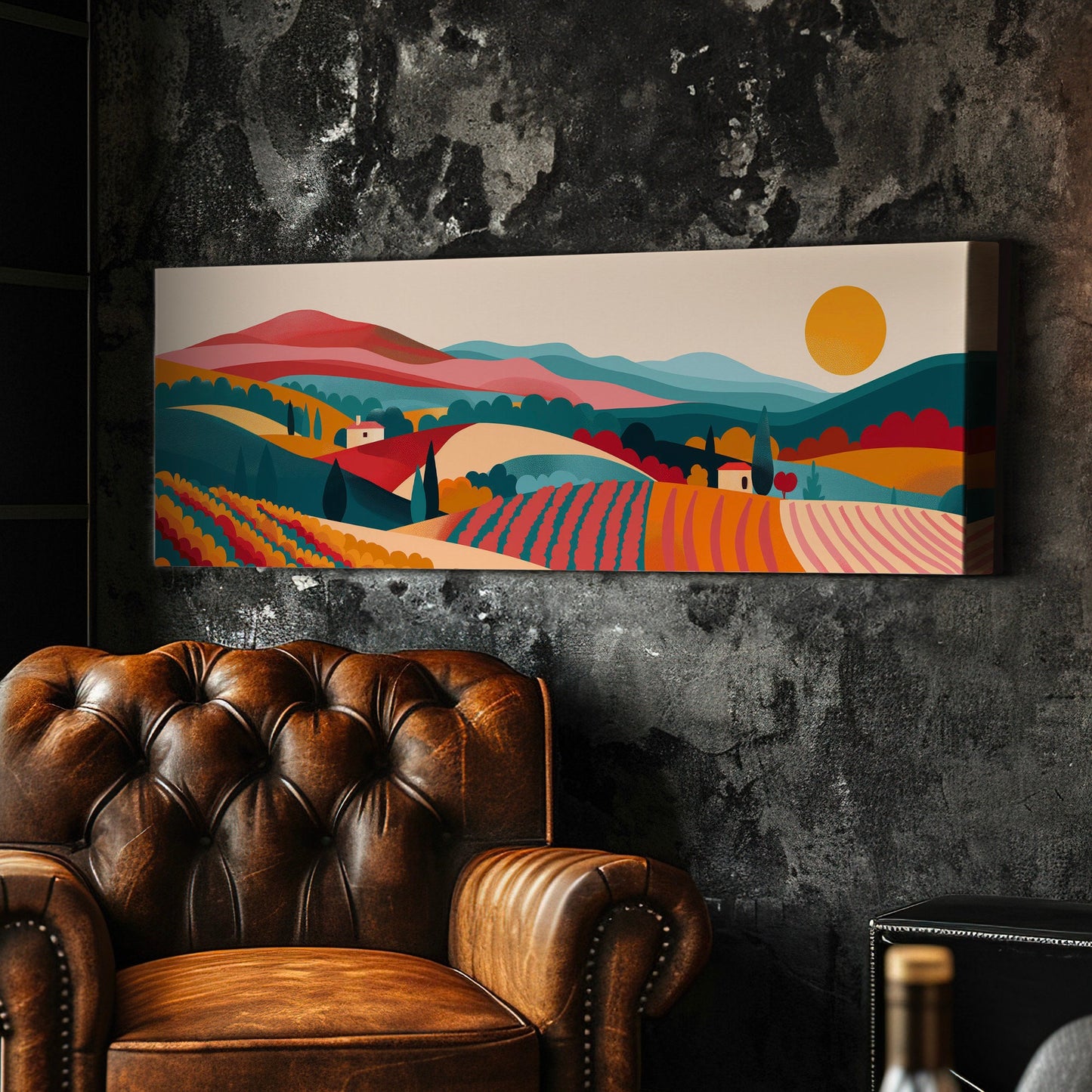 Vineyard Boho Above Bed Wall Art Minimal, Panoramic Wine Tasting Canvas Print, Vineyard Long Horizontal Canvas Art