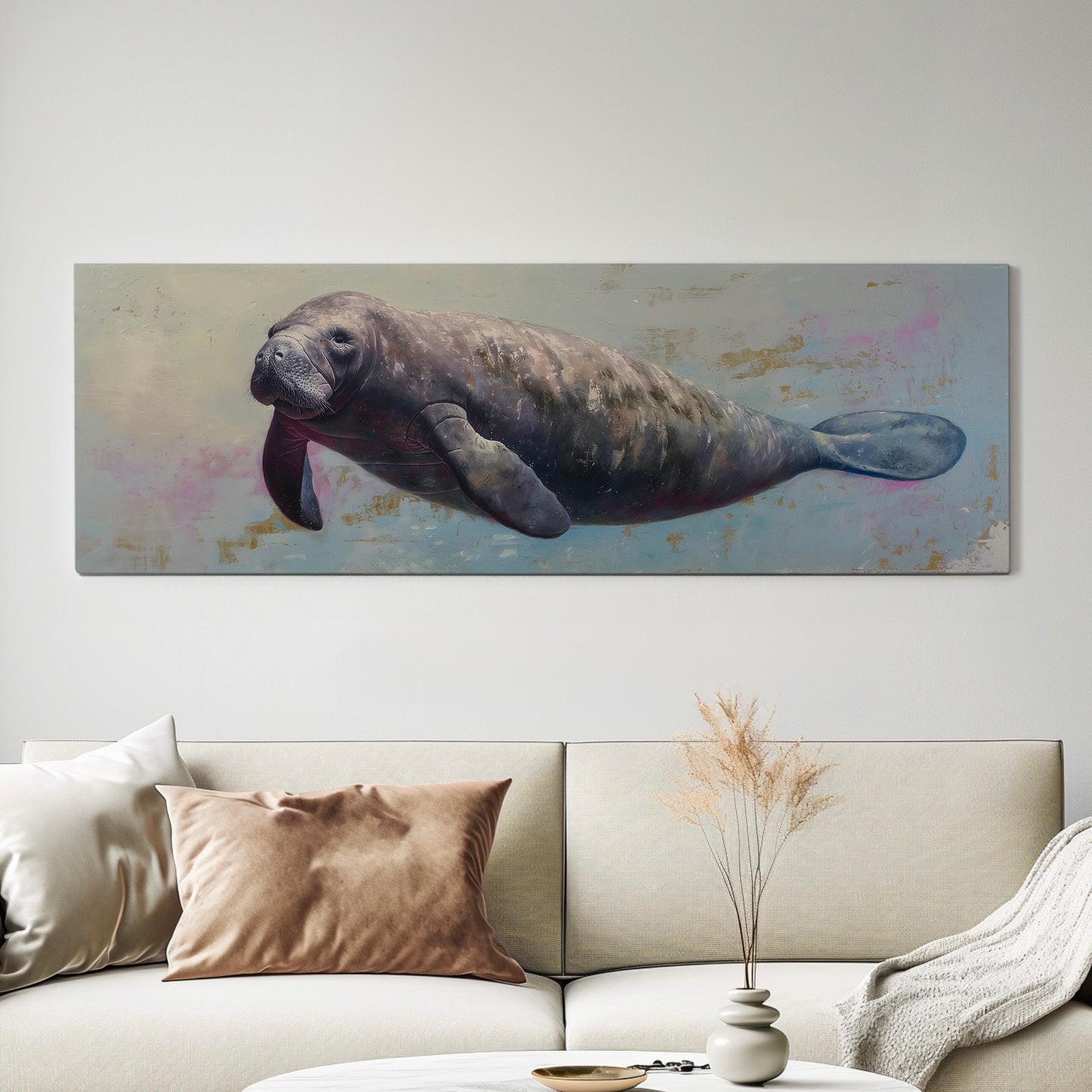 Swimming Manatee Above Bed Wall Art Ocean Life, Panoramic Minimal Canvas Print, Tropical Long Horizontal Canvas Art