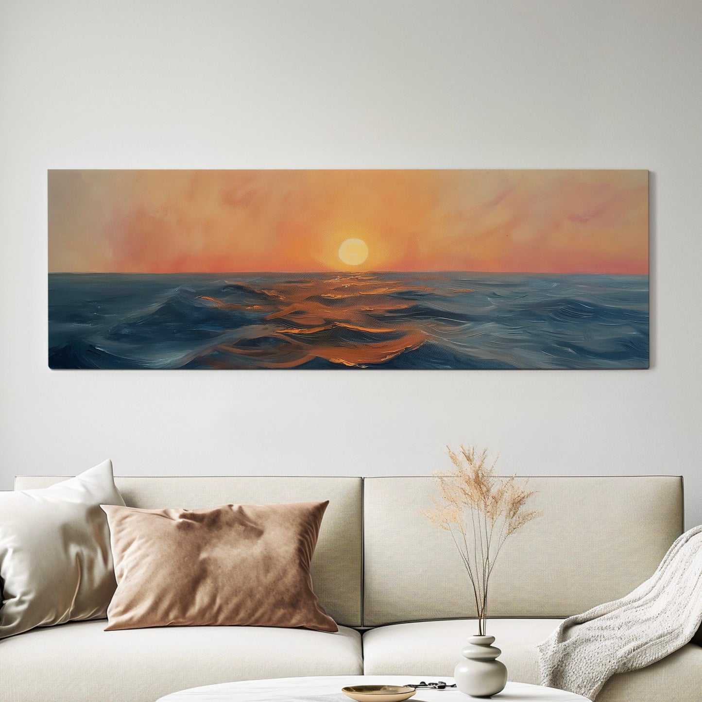 Sunset Over The Ocean Above Bed Wall Art Modern Abstract, Panoramic Sunrise Canvas Print, Seascape Long Horizontal Canvas Art