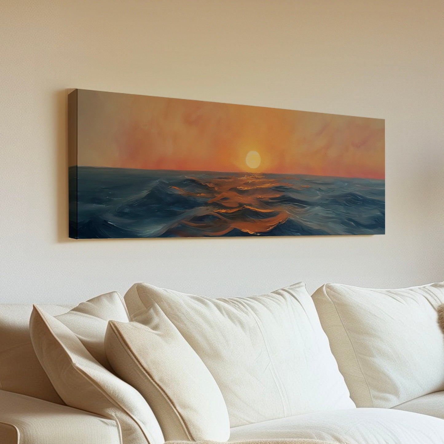 Sunset Over The Ocean Above Bed Wall Art Modern Abstract, Panoramic Sunrise Canvas Print, Seascape Long Horizontal Canvas Art