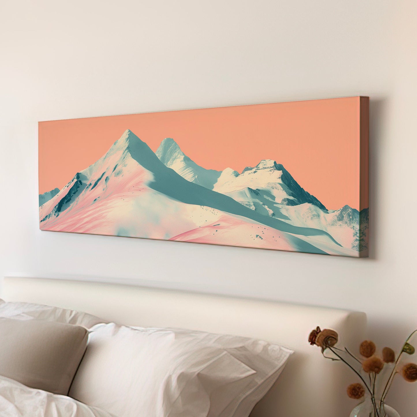 Ski Paradise Above Bed Wall Art Mountain Landscape, Panoramic Abstract Canvas Print, Pink Sky Long Horizontal Canvas Art