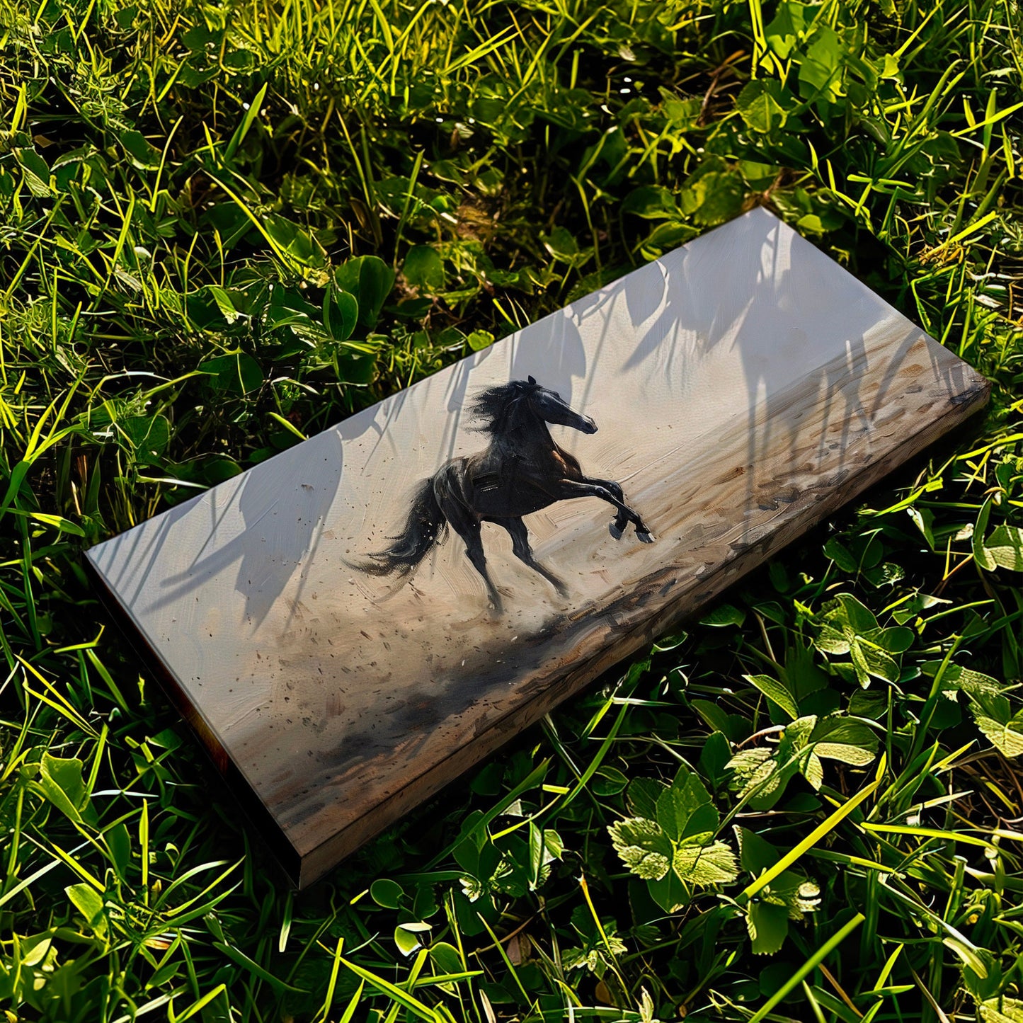 Running Horse Above Bed Wall Art Modern Oil, Panoramic Raging Horse Canvas Print, Farmhouse Long Horizontal Canvas Art