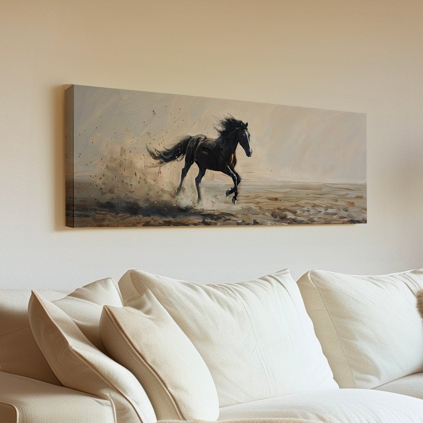 Running Horse Above Bed Wall Art Modern Oil, Panoramic Raging Horse Canvas Print, Farmhouse Long Horizontal Canvas Art