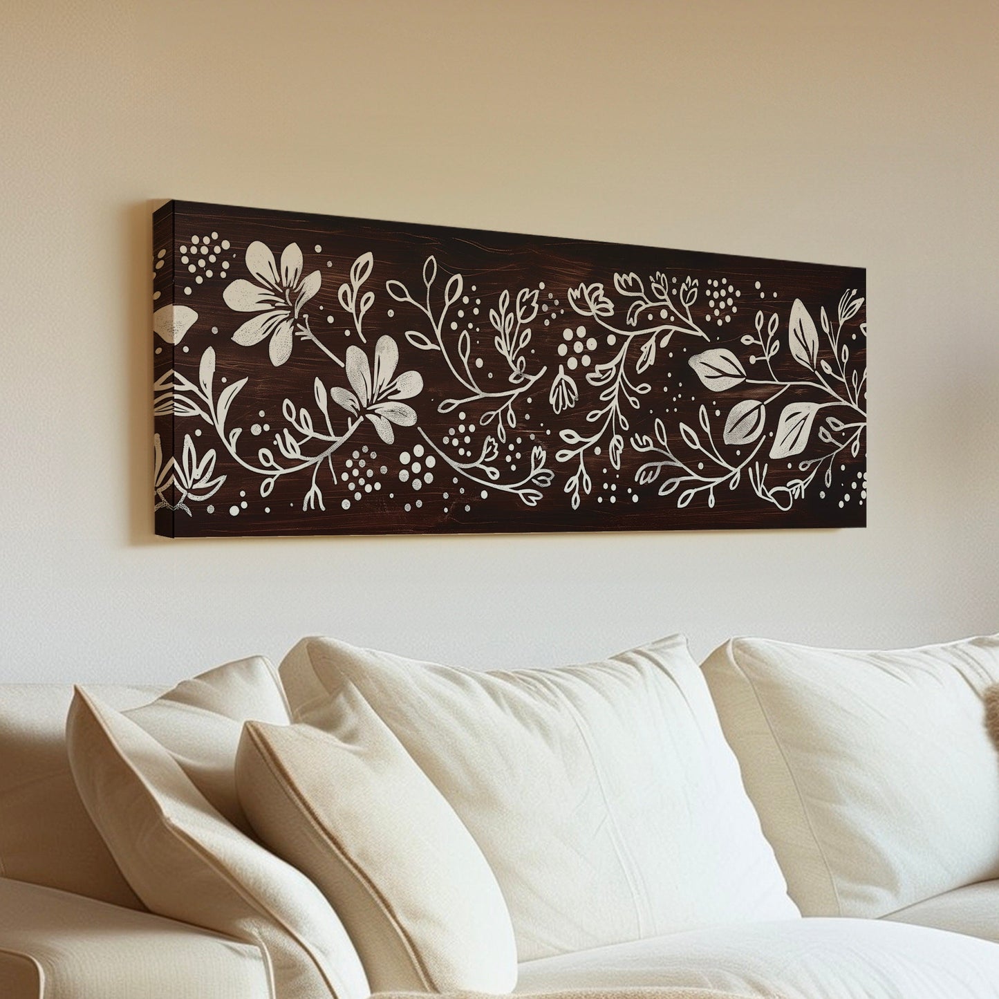 Polka Dot Line Art Above Bed Wall Art Floral, Panoramic Minimal Canvas Print, Flower Long Horizontal Canvas Art