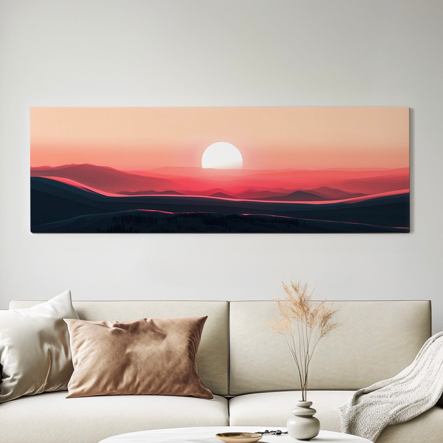 Pink Sunset Above Bed Wall Art Beautiful Scene, Panoramic Mountains Canvas Print, Nature Long Horizontal Canvas Art