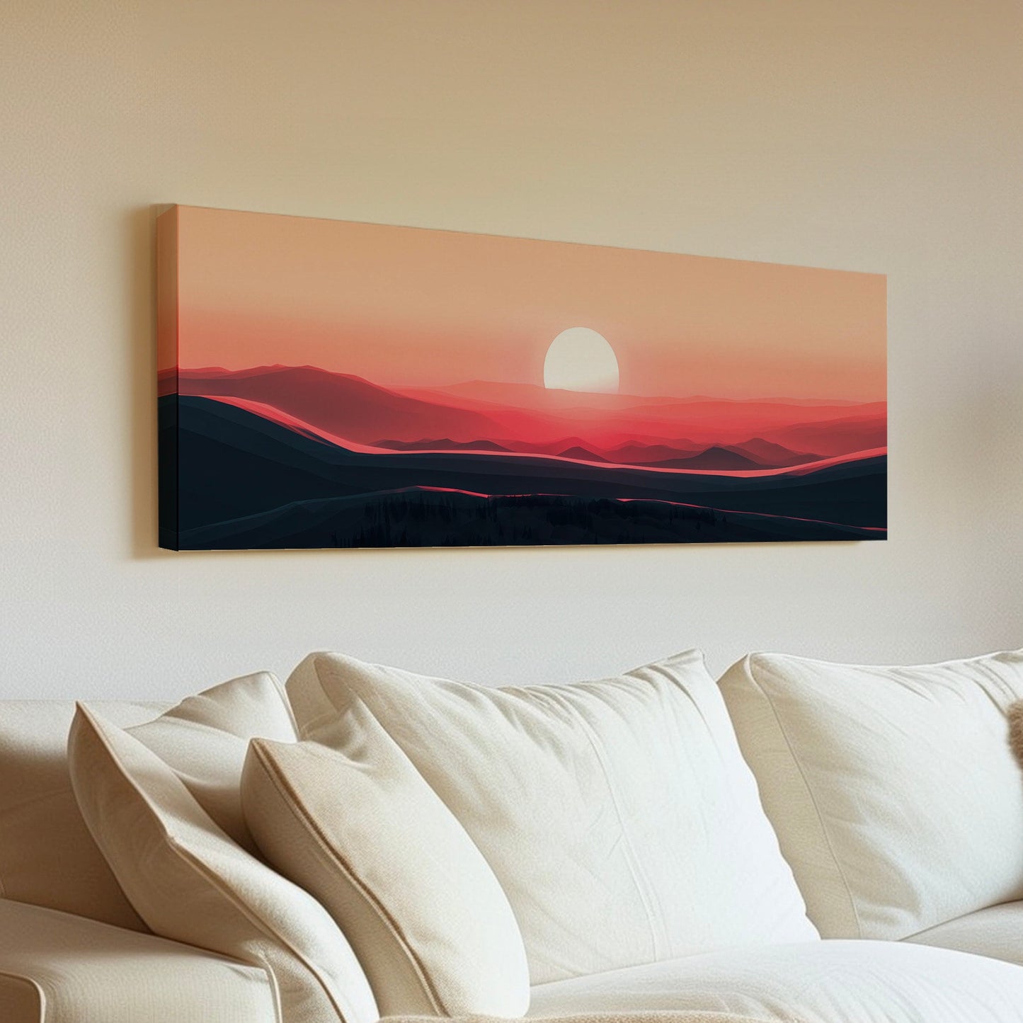 Pink Sunset Above Bed Wall Art Beautiful Scene, Panoramic Mountains Canvas Print, Nature Long Horizontal Canvas Art
