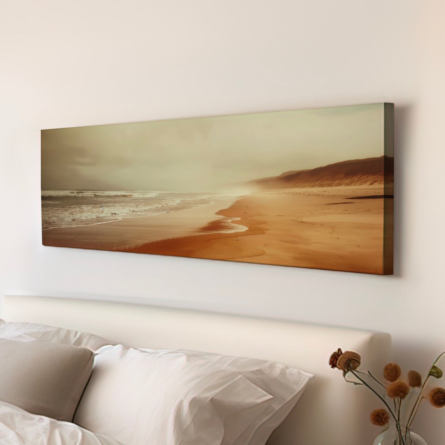 Muted Beach Above Bed Wall Art Sandy, Panoramic Neutral Canvas Print, Minimal Long Horizontal Canvas Art