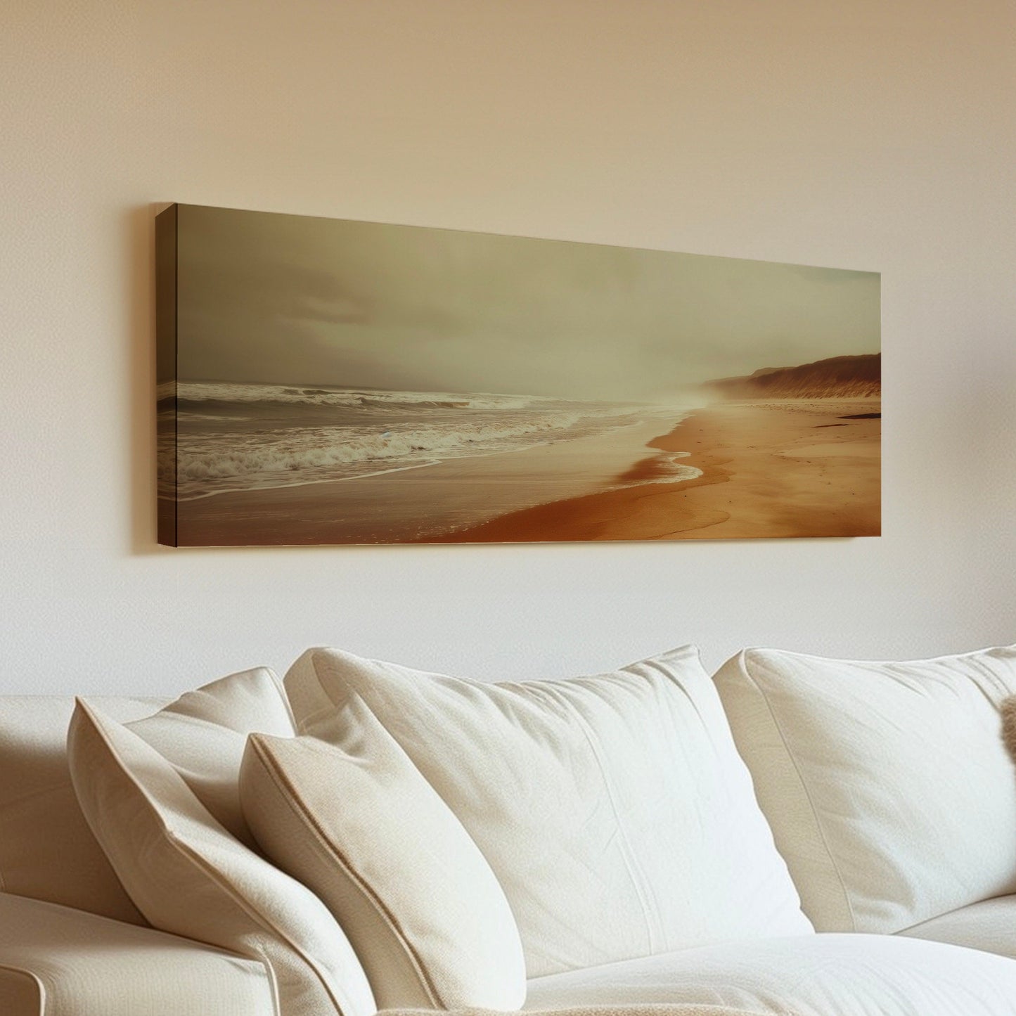 Muted Beach Above Bed Wall Art Sandy, Panoramic Neutral Canvas Print, Minimal Long Horizontal Canvas Art