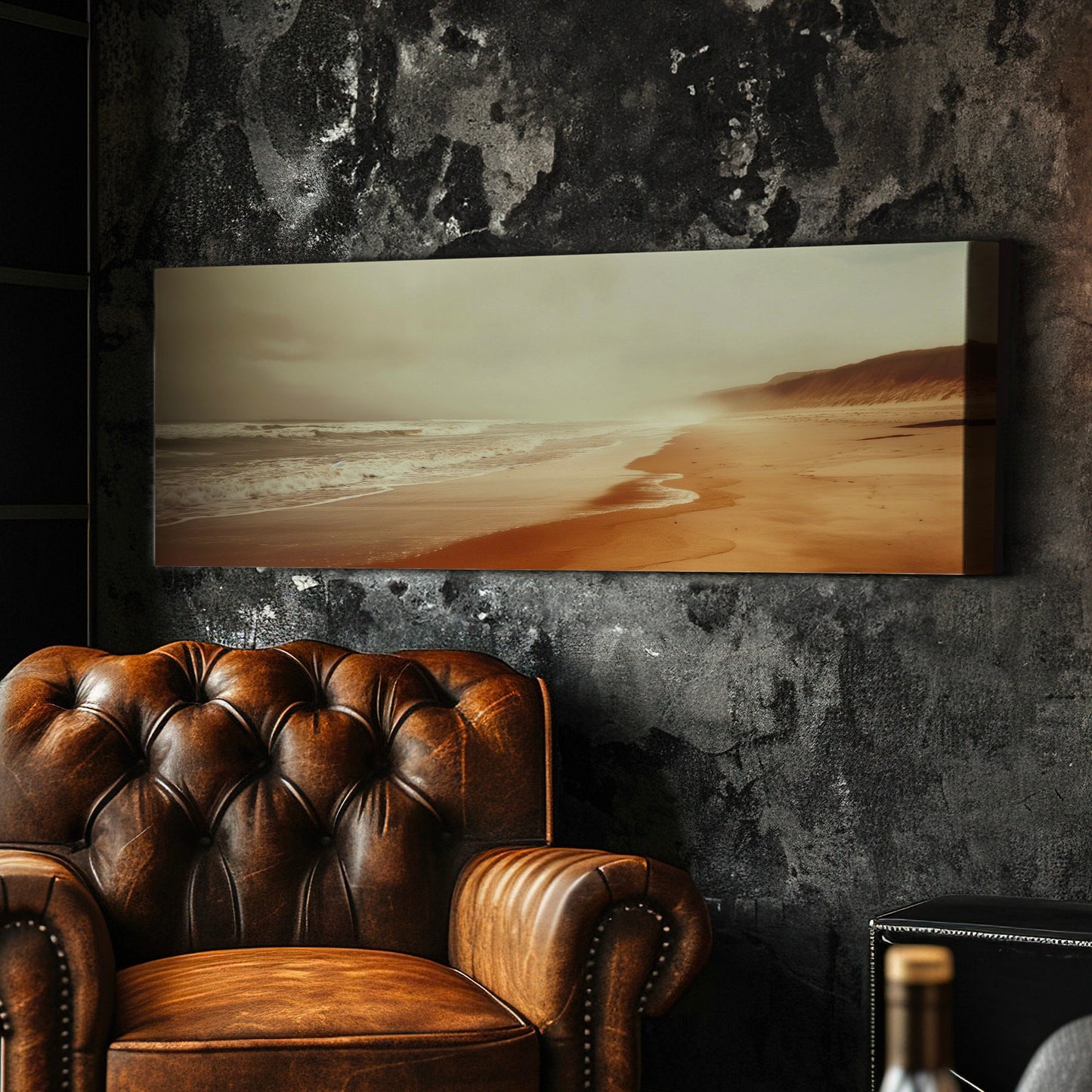 Muted Beach Above Bed Wall Art Sandy, Panoramic Neutral Canvas Print, Minimal Long Horizontal Canvas Art