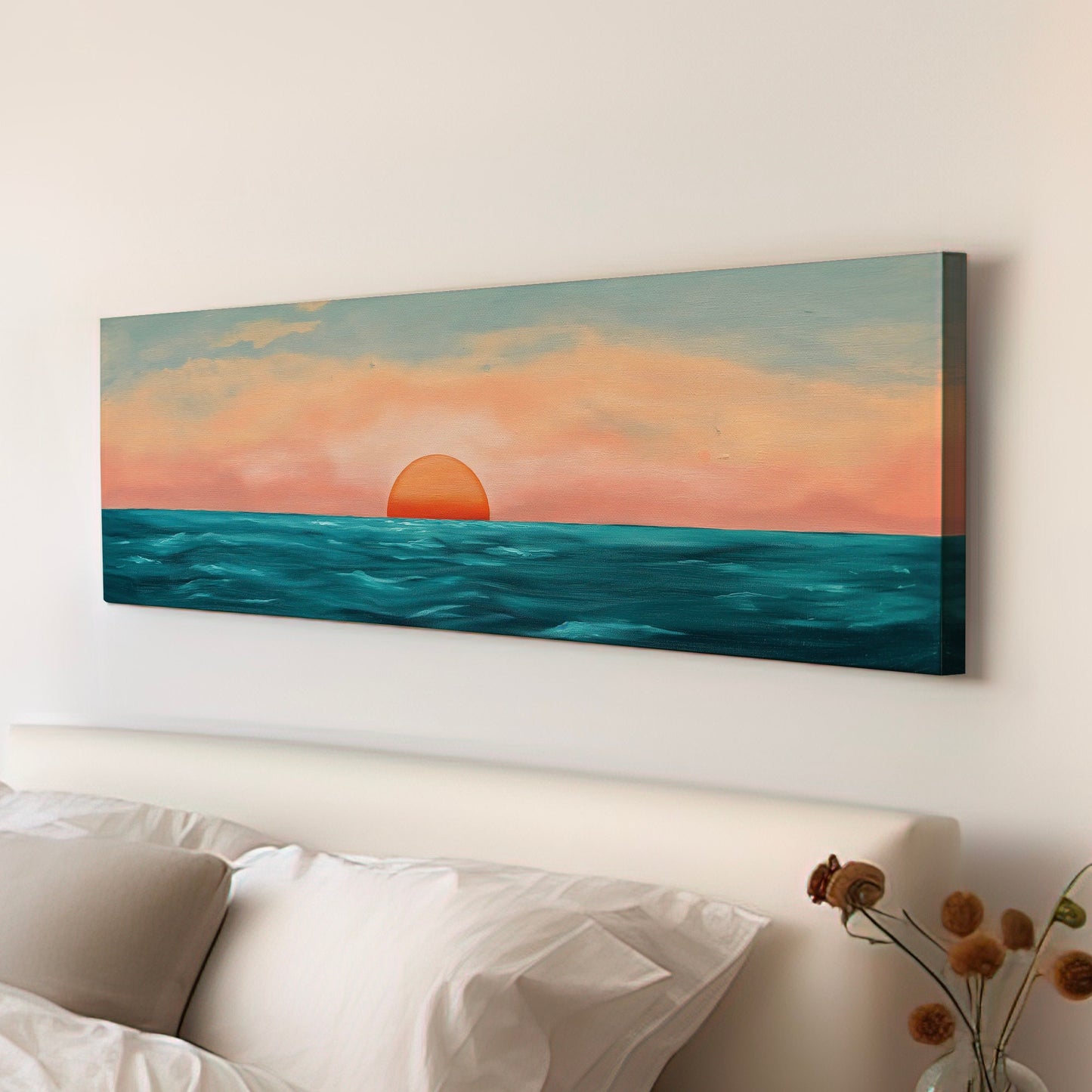 Minimal Sunset Over The Ocean Above Bed Wall Art Modern Abstract, Panoramic Sunrise Canvas Print, Seascape Long Horizontal Canvas Art