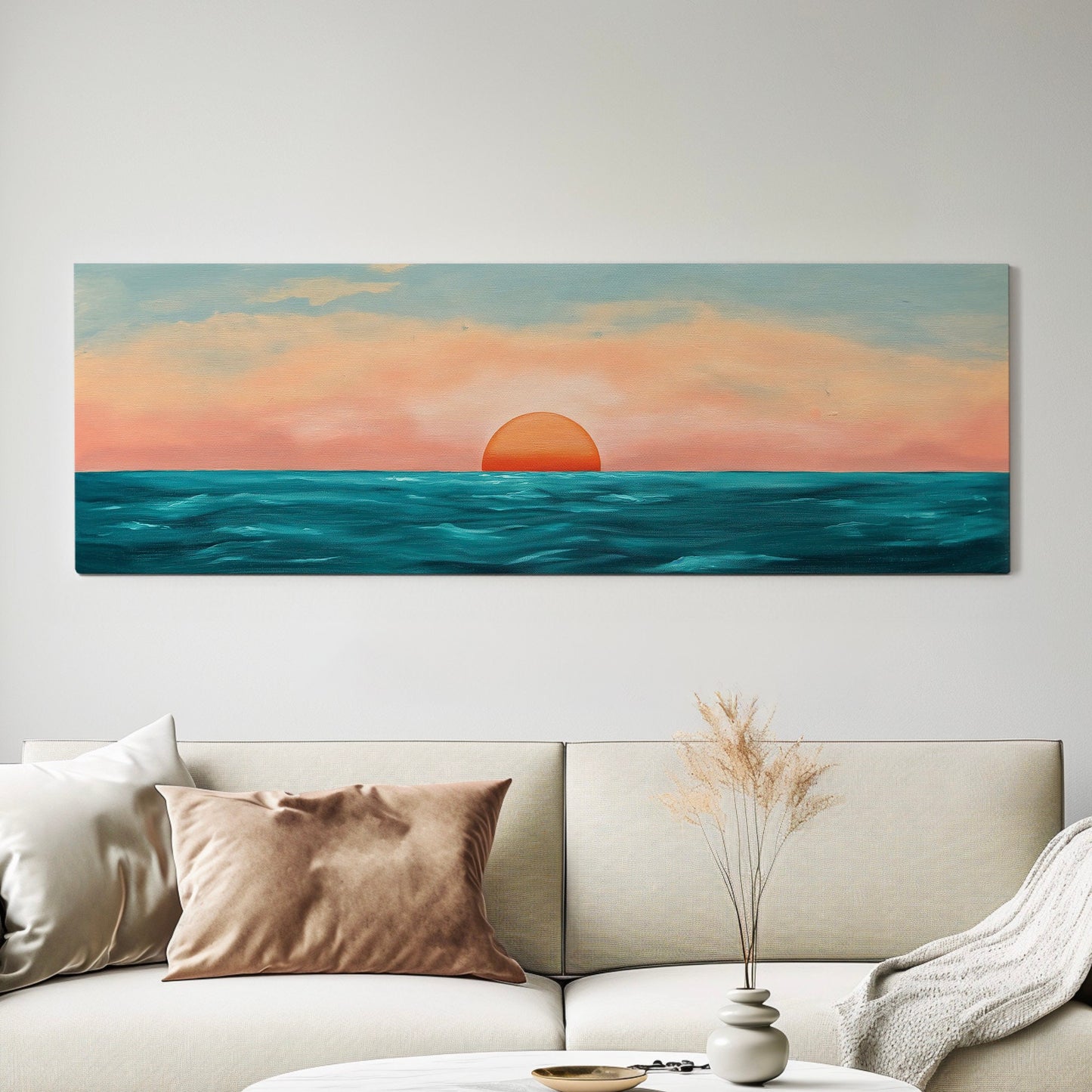 Minimal Sunset Over The Ocean Above Bed Wall Art Modern Abstract, Panoramic Sunrise Canvas Print, Seascape Long Horizontal Canvas Art