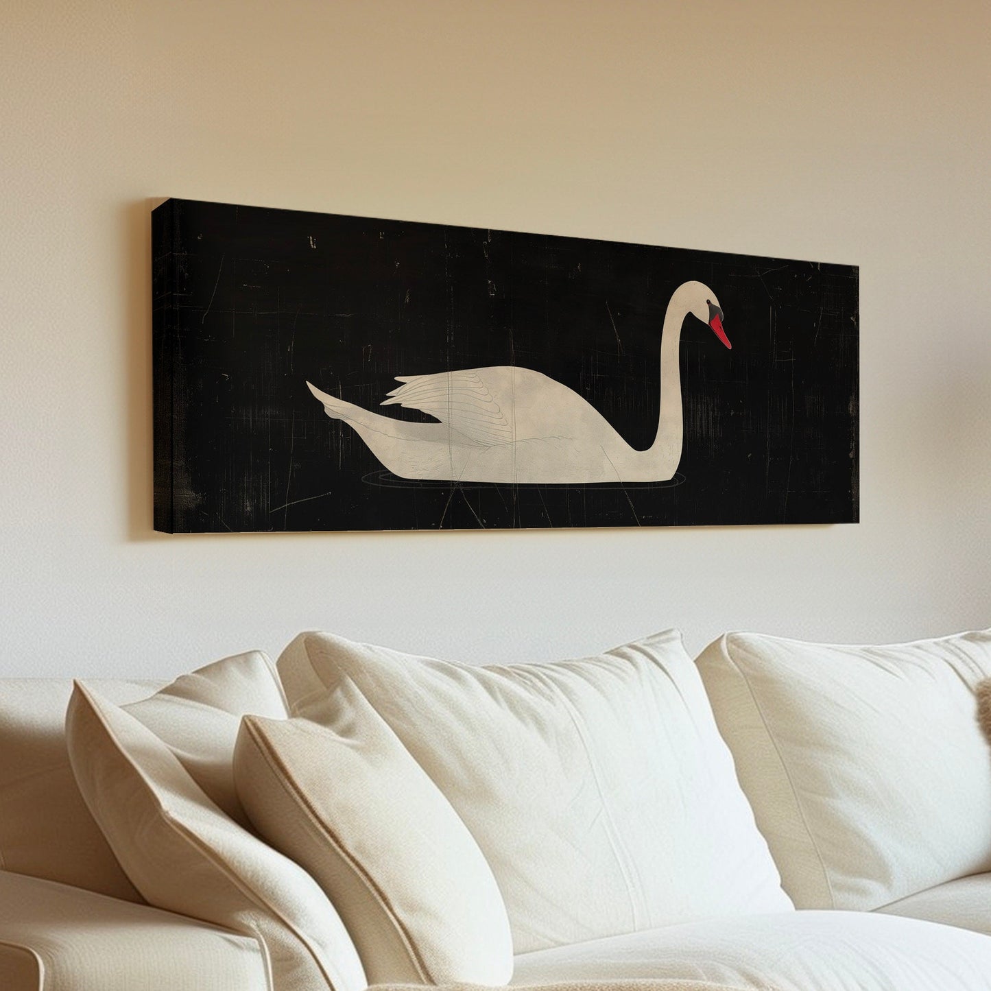 Lone Swan Above Bed Wall Art Black and White, Panoramic Farmhouse Canvas Print, Vintage Long Horizontal Canvas Art
