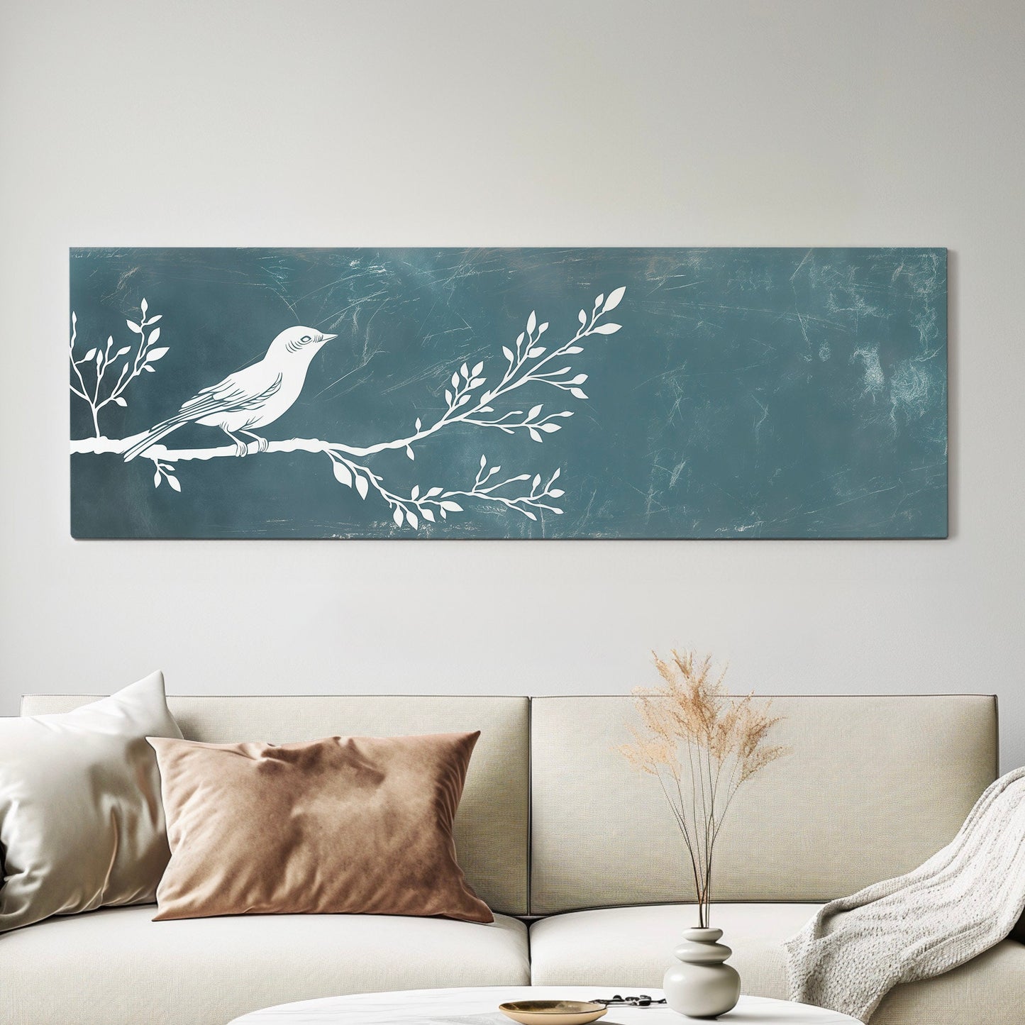 Lone Bird Above Bed Wall Art Sage Blue, Panoramic Neutral Canvas Print, Nature Long Horizontal Canvas Art