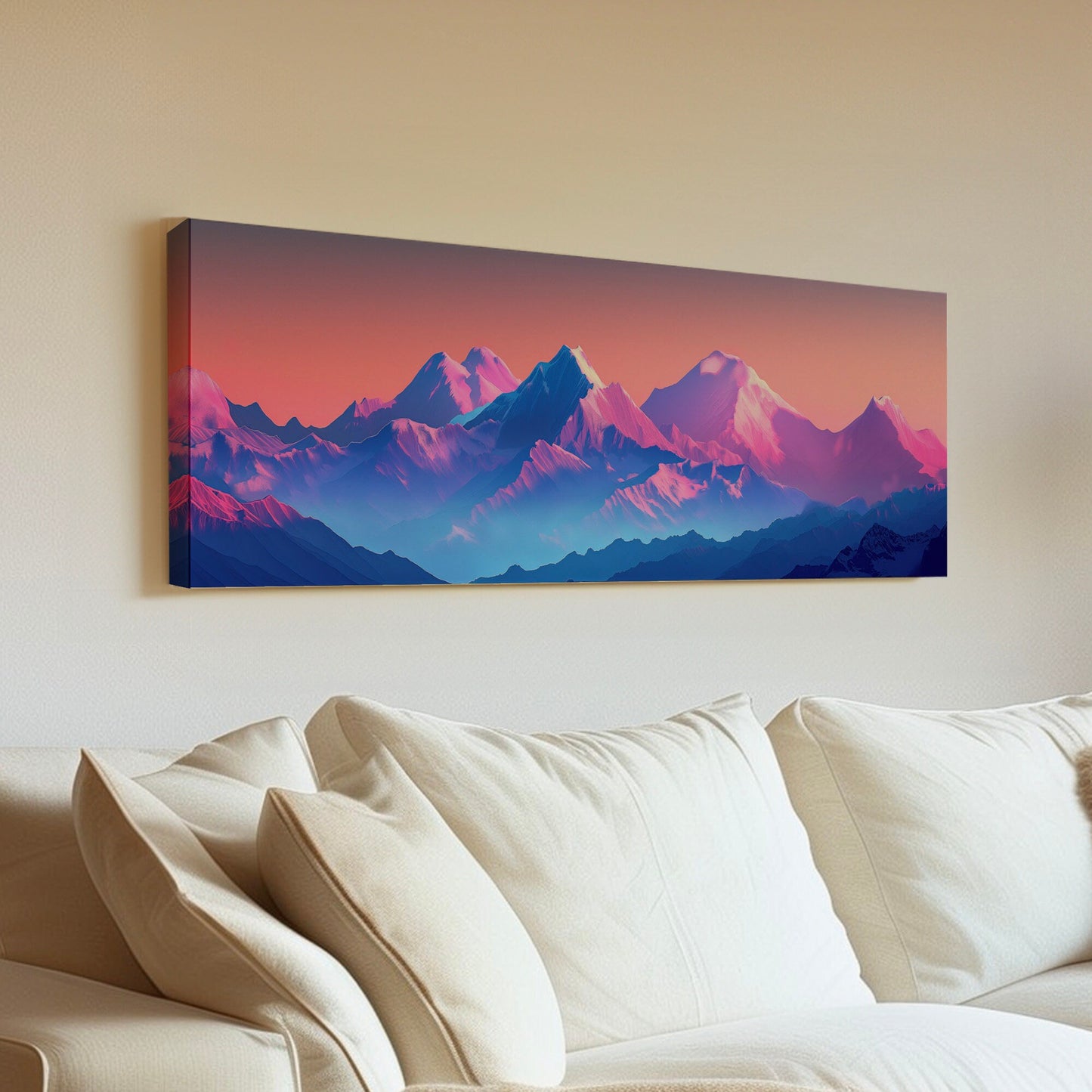 Himalayas in Vibrant Colors Above Bed Wall Art Vaporwave, Panoramic Synthwave Canvas Print, Pink And Purple Long Horizontal Canvas Art