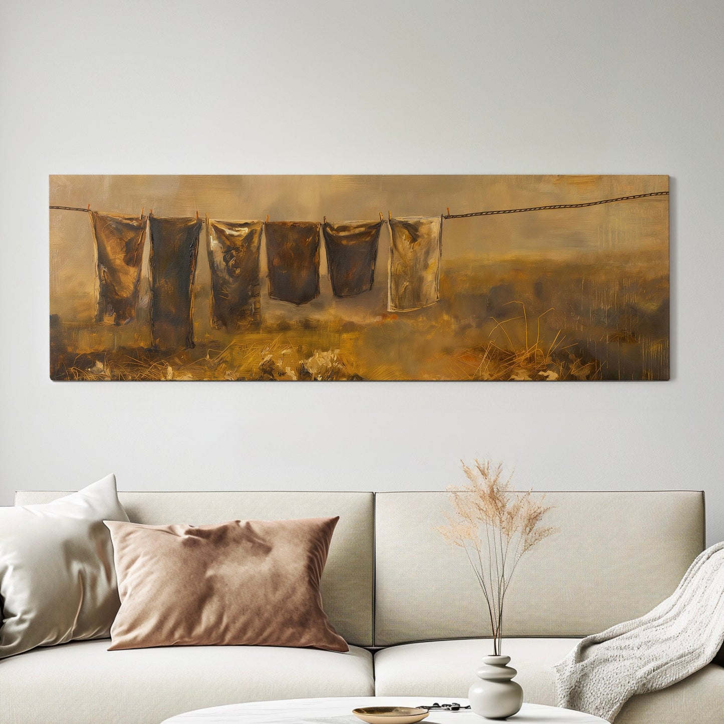 Hanging Clothes Above Bed Wall Art Countryside, Panoramic Farmhouse Canvas Print, Wheat Field Long Horizontal Canvas Art