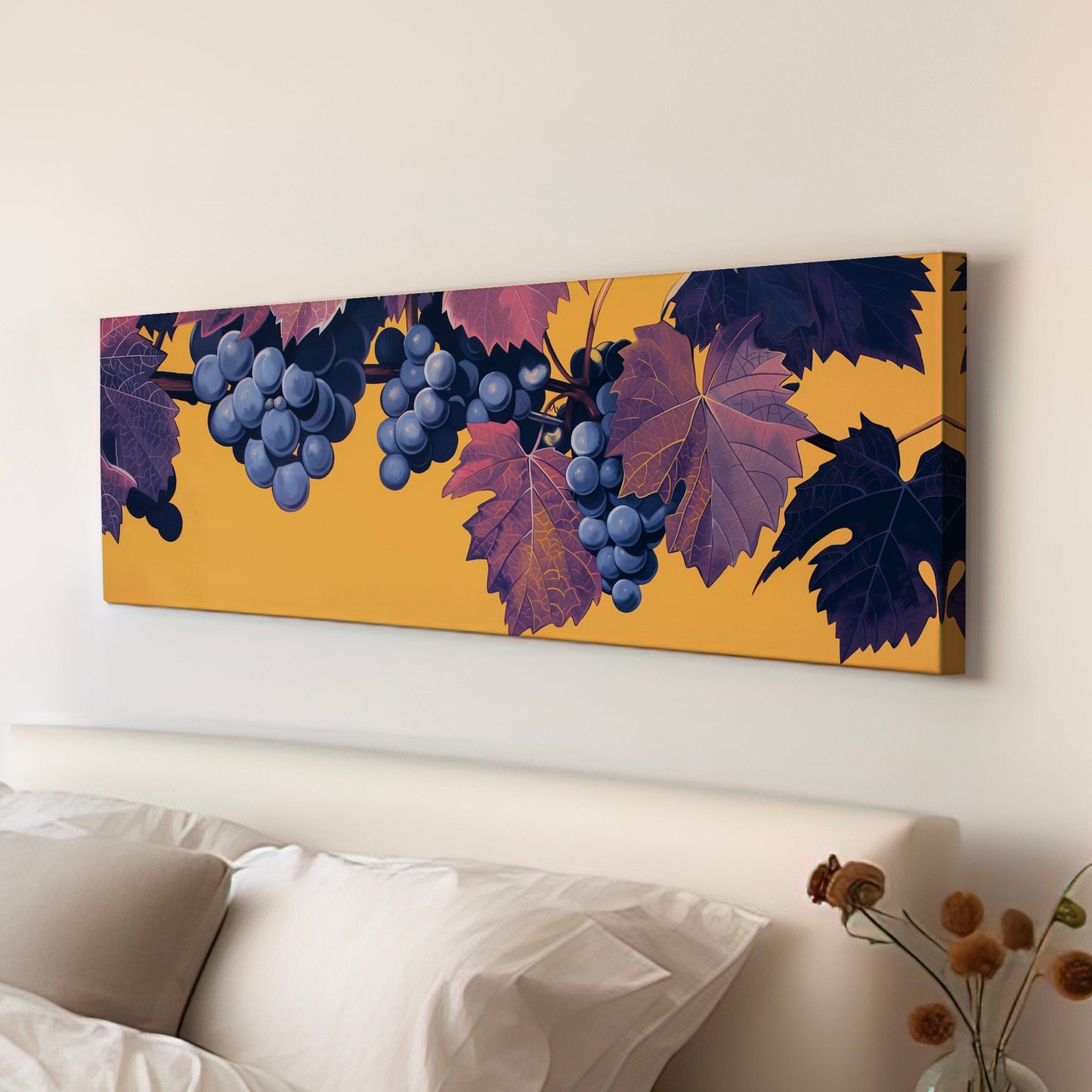 Grape Branch Above Bed Wall Art Minimal, Panoramic Wine Tasting Canvas Print, Vineyard Long Horizontal Canvas Art