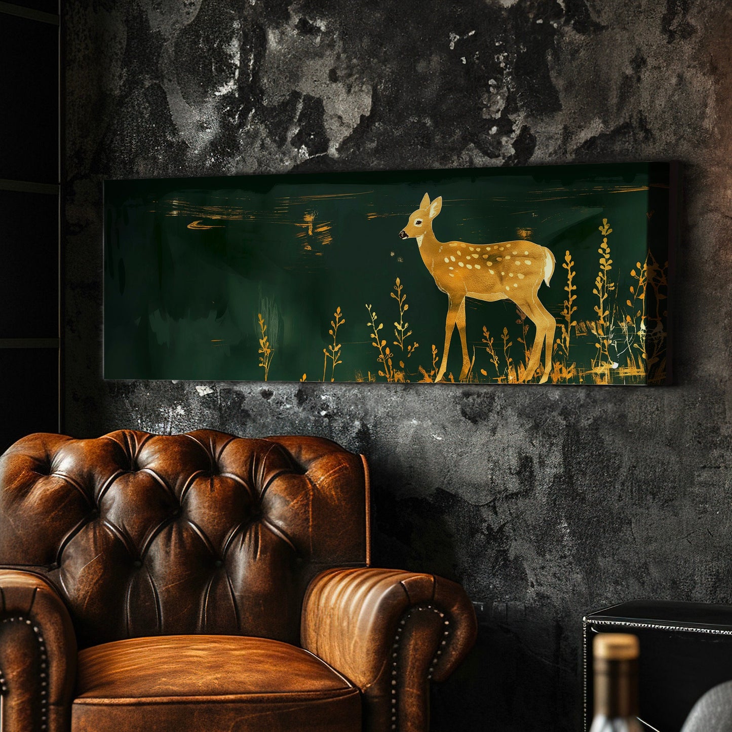 Gold And Green Deer Above Bed Wall Art Neutral, Panoramic Wildlife Canvas Print, Minimal Long Horizontal Canvas Art