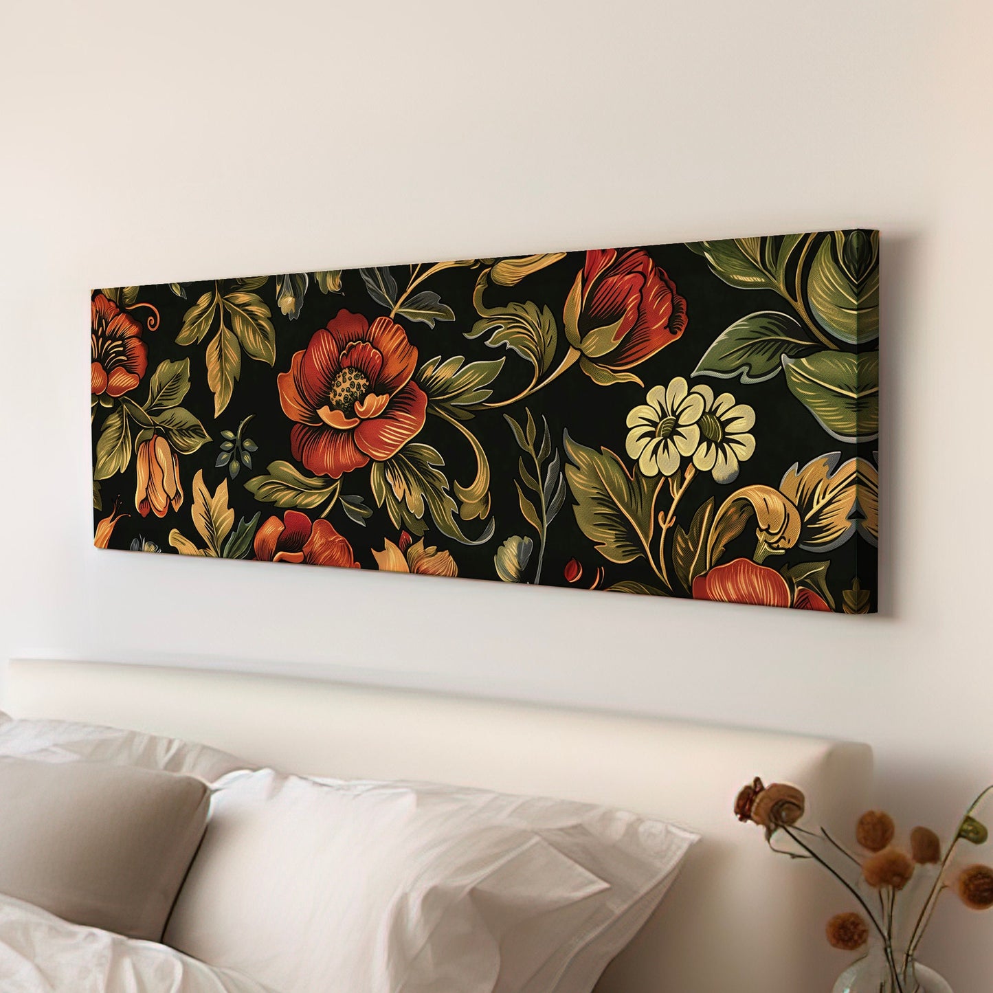 Dark Academia Floral Above Bed Wall Art Farmhouse, Panoramic Tapestry Canvas Print, Vintage Long Horizontal Canvas Art