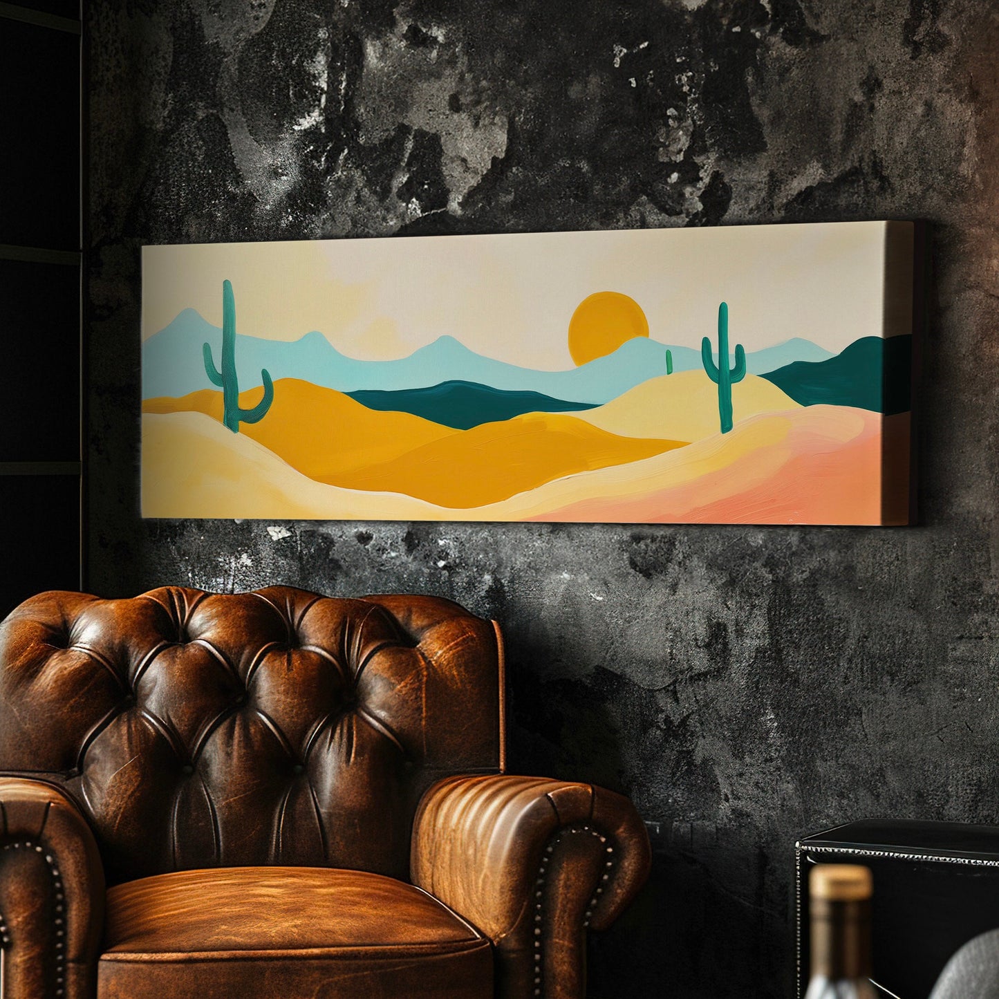 Abstract Cactus Above Bed Wall Art Southwestern, Panoramic Cowboy Canvas Print, Landscape Long Horizontal Canvas Art