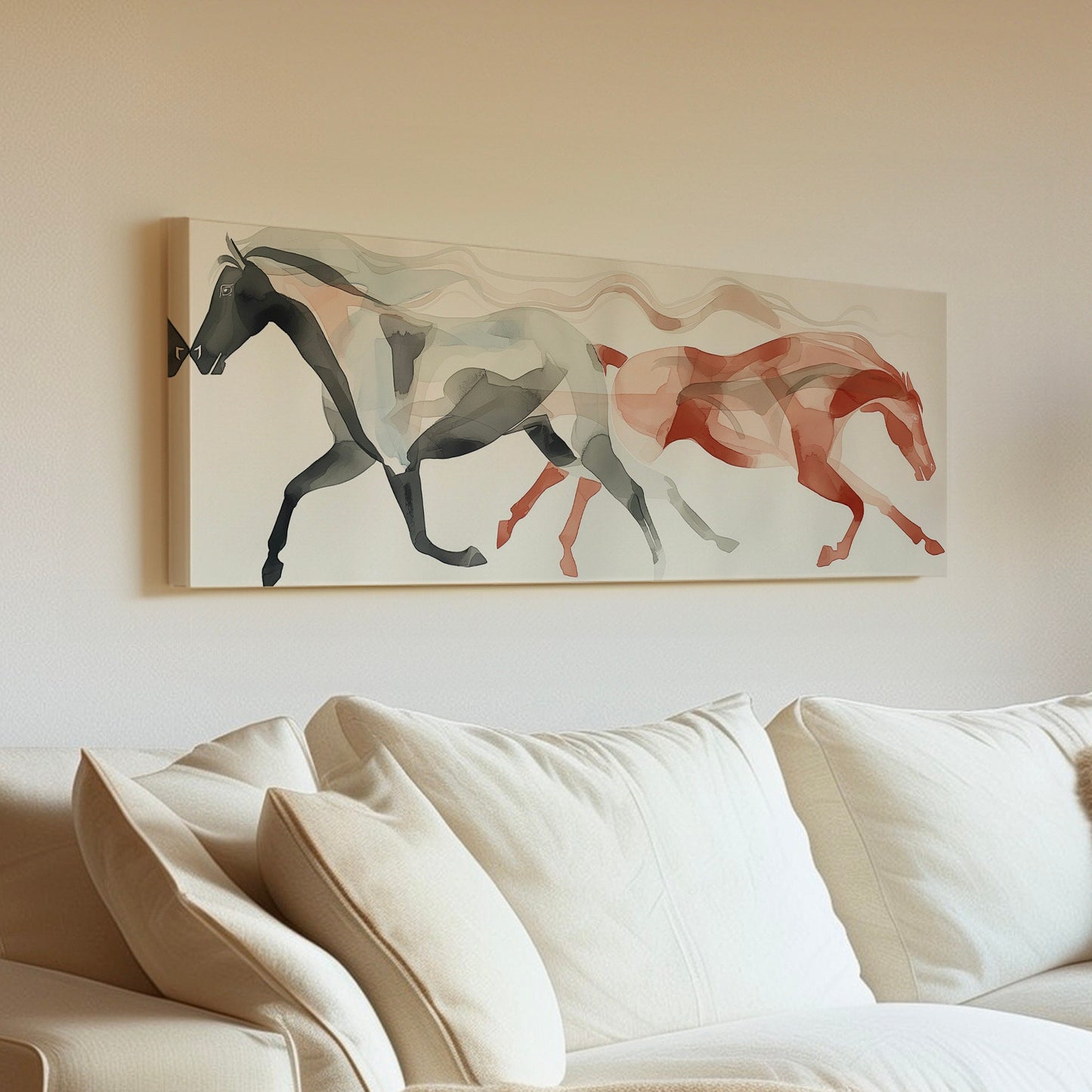 Abstract Twin Horses Above Bed Wall Art Modern, Panoramic Minimal Canvas Print, Farmhouse Long Horizontal Canvas Art