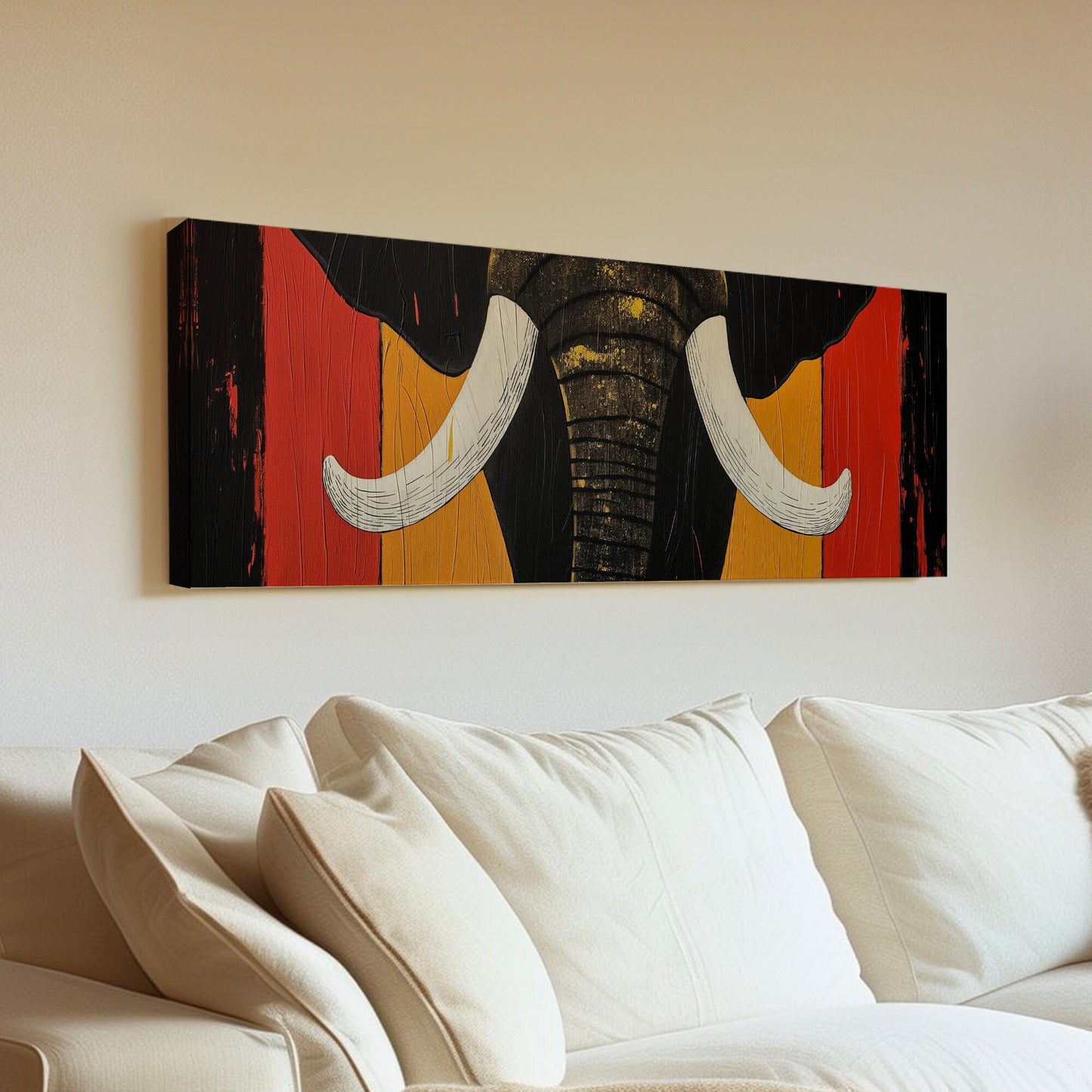 Art Deco African Elephant Above Bed Wall Art African, Panoramic Wildlife Canvas Print, Safari Long Horizontal Canvas Art