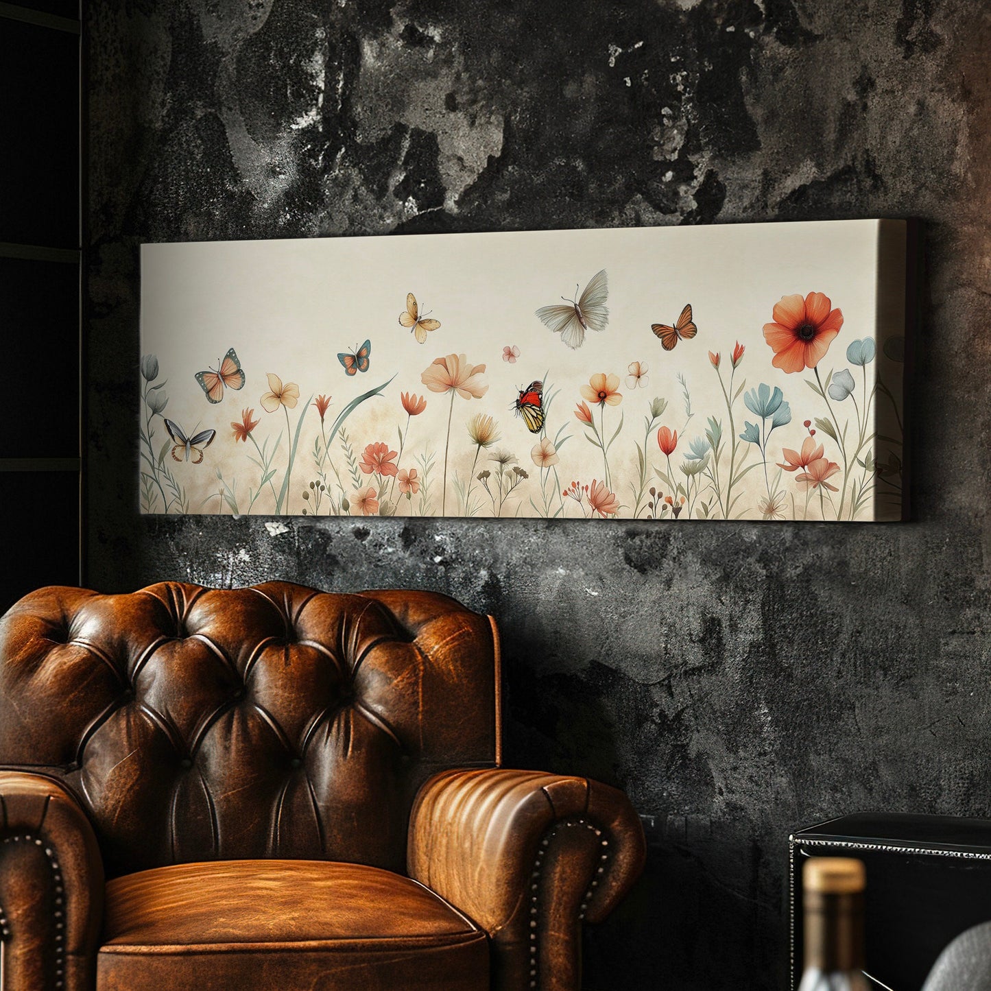 Butterfly Wildflower Field Above Bed Wall Art Nursery, Panoramic Botanical Canvas Print, Flower Long Horizontal Canvas Art