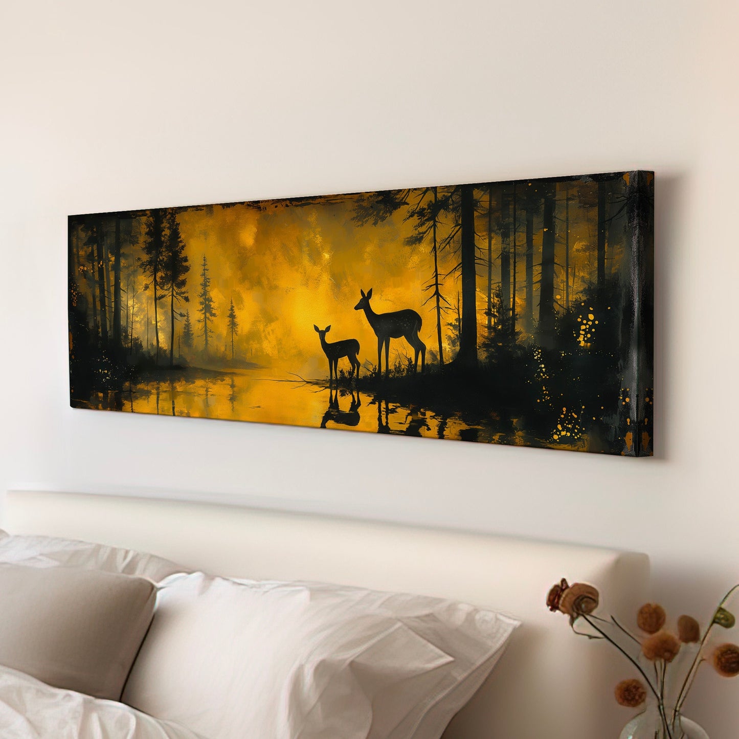 Deers In The Forest Above Bed Wall Art Lake, Panoramic Wildlife Canvas Print, Nature Long Horizontal Canvas Art
