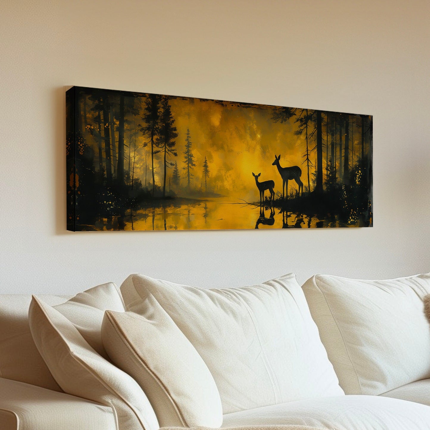 Deers In The Forest Above Bed Wall Art Lake, Panoramic Wildlife Canvas Print, Nature Long Horizontal Canvas Art