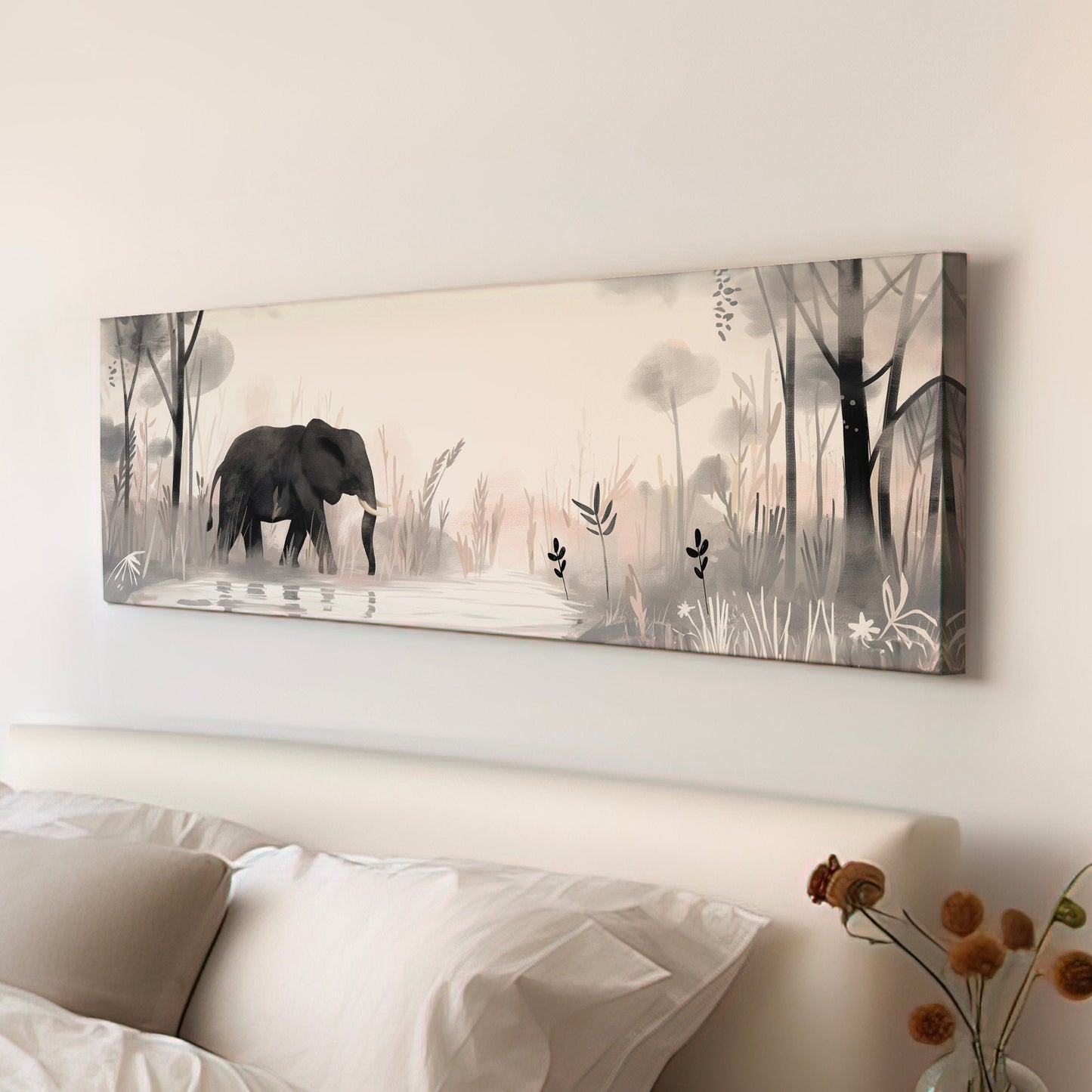 Elephant In The Forest Above Bed Wall Art Lake, Panoramic Wildlife Canvas Print, Safari Long Horizontal Canvas Art