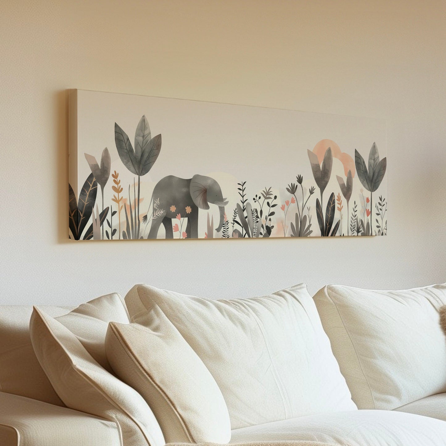 Elephant Nursery Above Bed Wall Art Floral, Panoramic Wildlife Canvas Print, Safari Long Horizontal Canvas Art