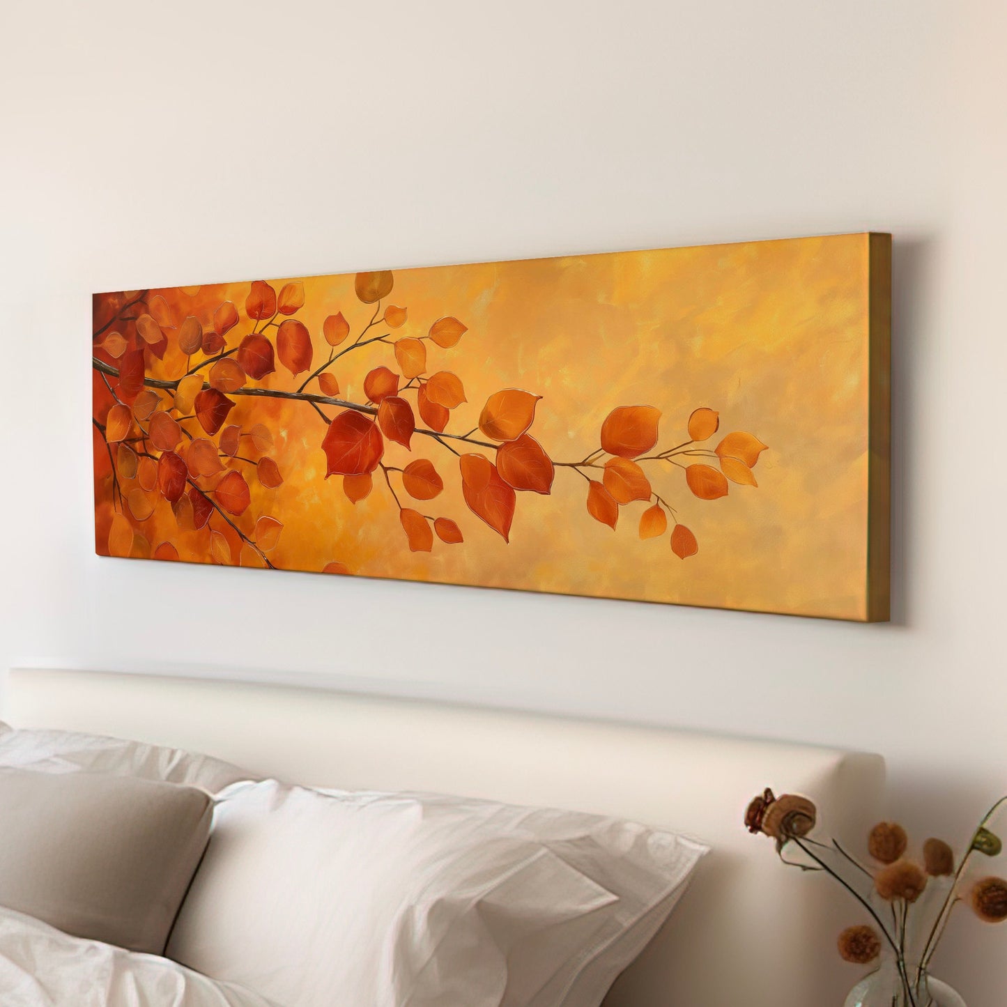 October Tree Branch Above Bed Wall Art Autumn Foliage, Panoramic Minimal Canvas Print, Fall Color Long Horizontal Canvas Art