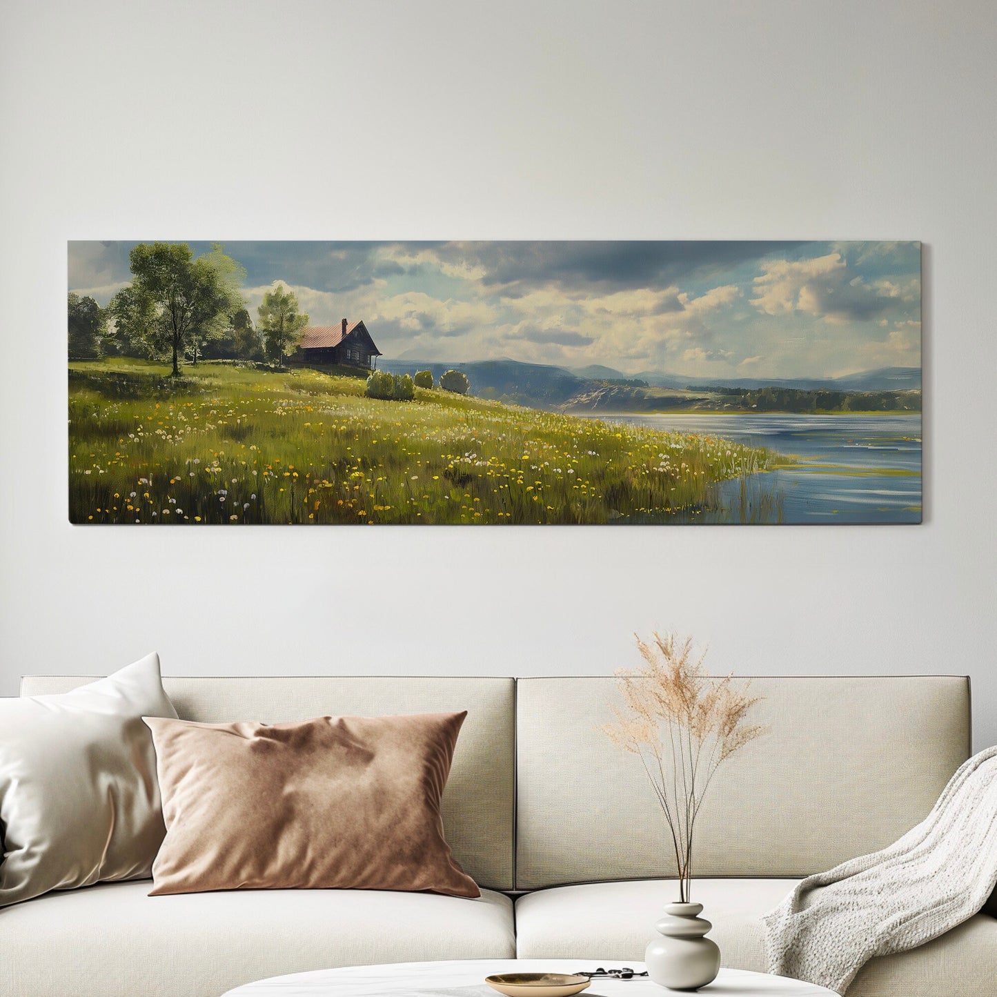 Old Lake House Above Bed Wall Art Spring Meadow, Panoramic Peaceful Canvas Print, Nature Long Horizontal Canvas Art