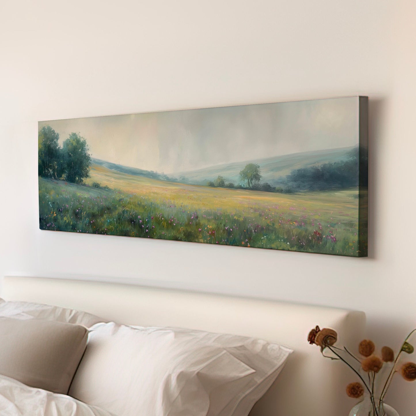 Peaceful Spring Meadow Above Bed Wall Art Forest, Panoramic Wildflower Canvas Print, Nature Long Horizontal Canvas Art