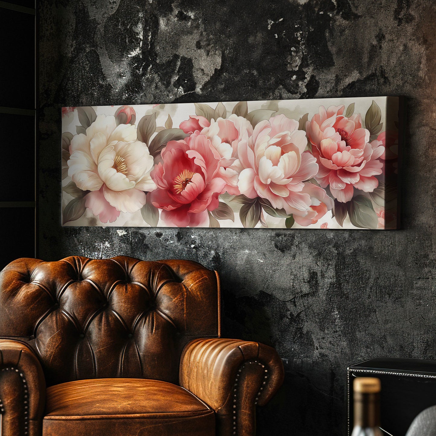 Peony Watercolor Above Bed Wall Art Baroque Bouquet, Panoramic Floral Canvas Print, Impressionist Long Horizontal Canvas Art