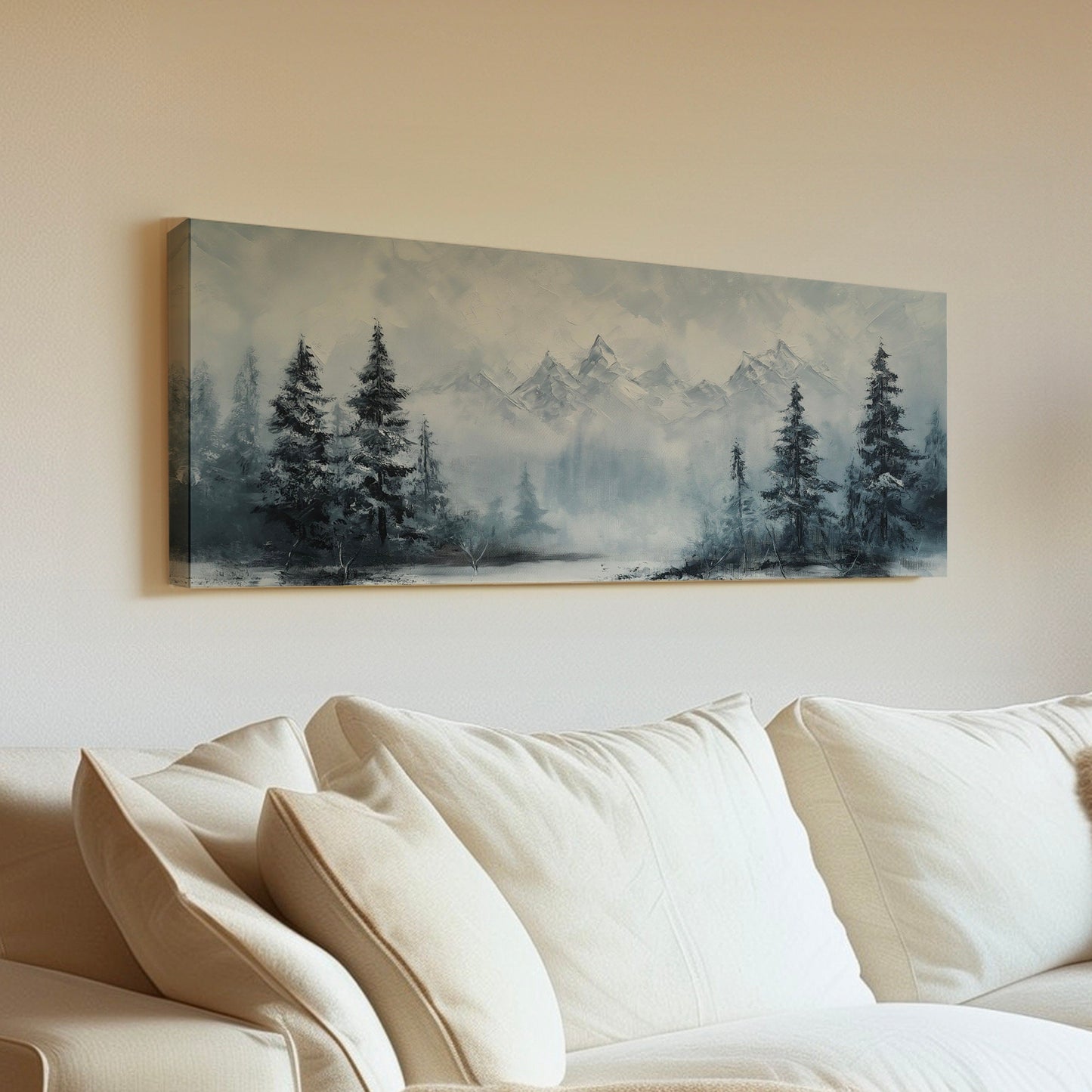 Pine Forest At Winter Above Bed Wall Art Mountain Landscape, Panoramic Tirol Canvas Print, Minimal Long Horizontal Canvas Art