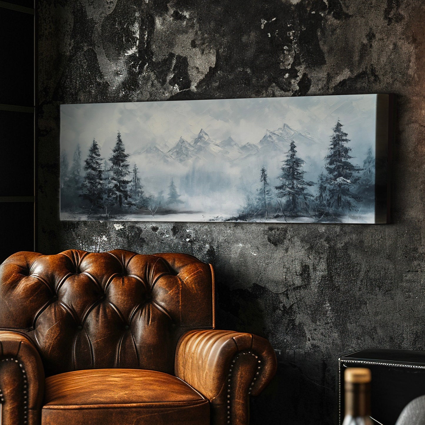 Pine Forest At Winter Above Bed Wall Art Mountain Landscape, Panoramic Tirol Canvas Print, Minimal Long Horizontal Canvas Art