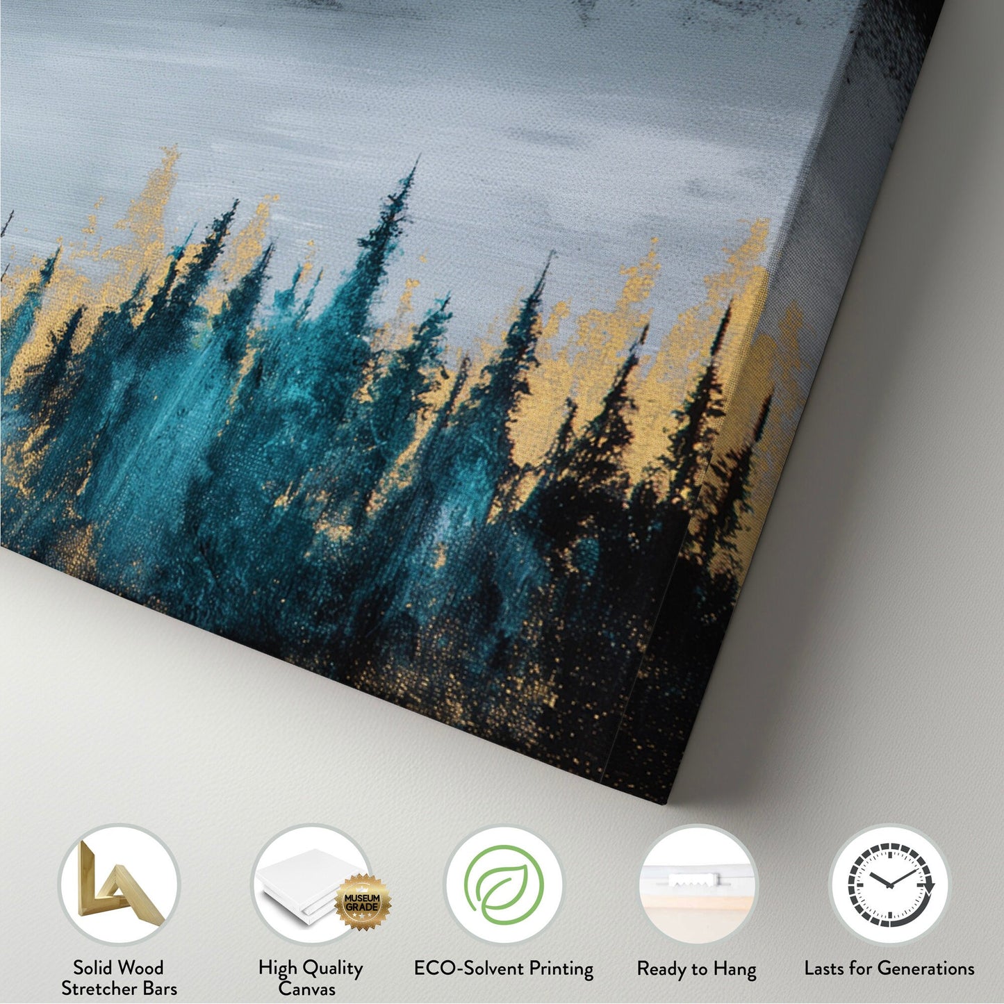 Pine Forest Landscape Above Bed Wall Art Minimal, Panoramic Abstract Canvas Print, Gold Colors Long Horizontal Canvas Art