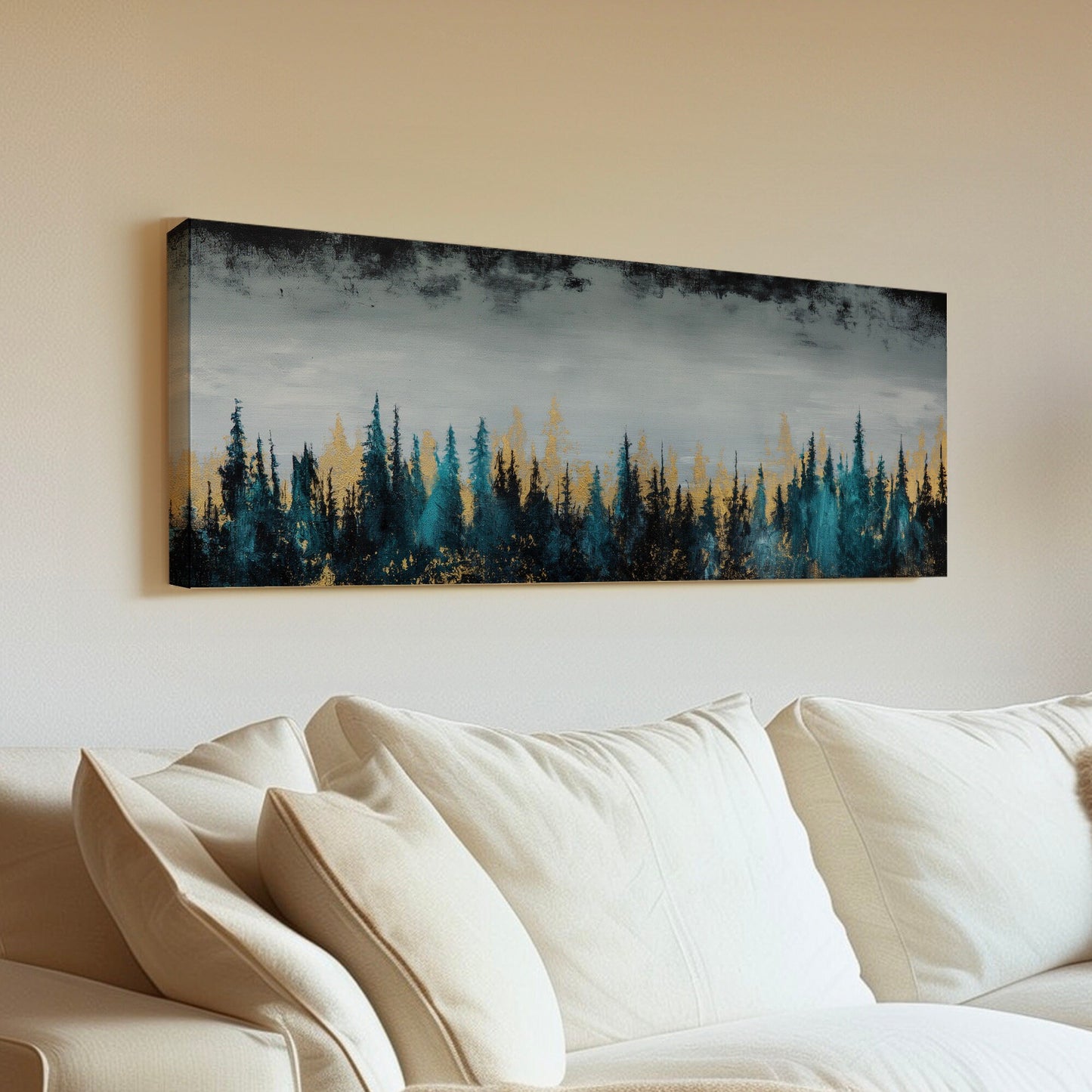 Pine Forest Landscape Above Bed Wall Art Minimal, Panoramic Abstract Canvas Print, Gold Colors Long Horizontal Canvas Art