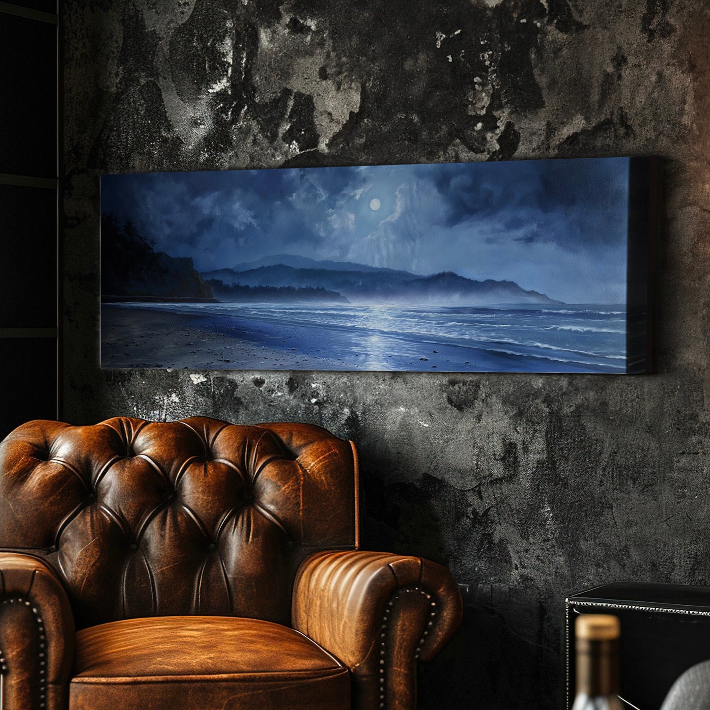 Blue Beach At Night Above Bed Wall Art Ocean Waves, Panoramic Sandy Beach Canvas Print, Full Moon Long Horizontal Canvas Art