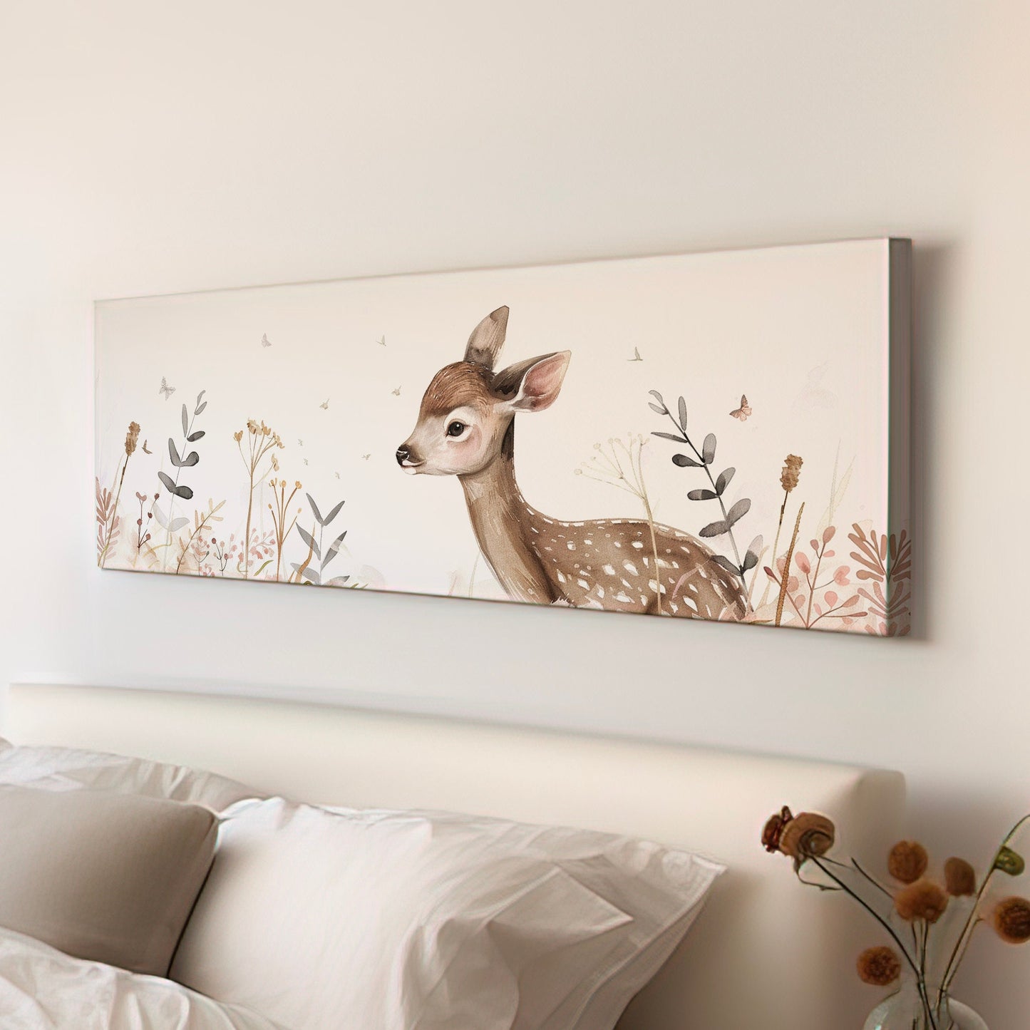 Deer Nursery Above Bed Wall Art Neutral, Panoramic Wildlife Canvas Print, Minimal Long Horizontal Canvas Art