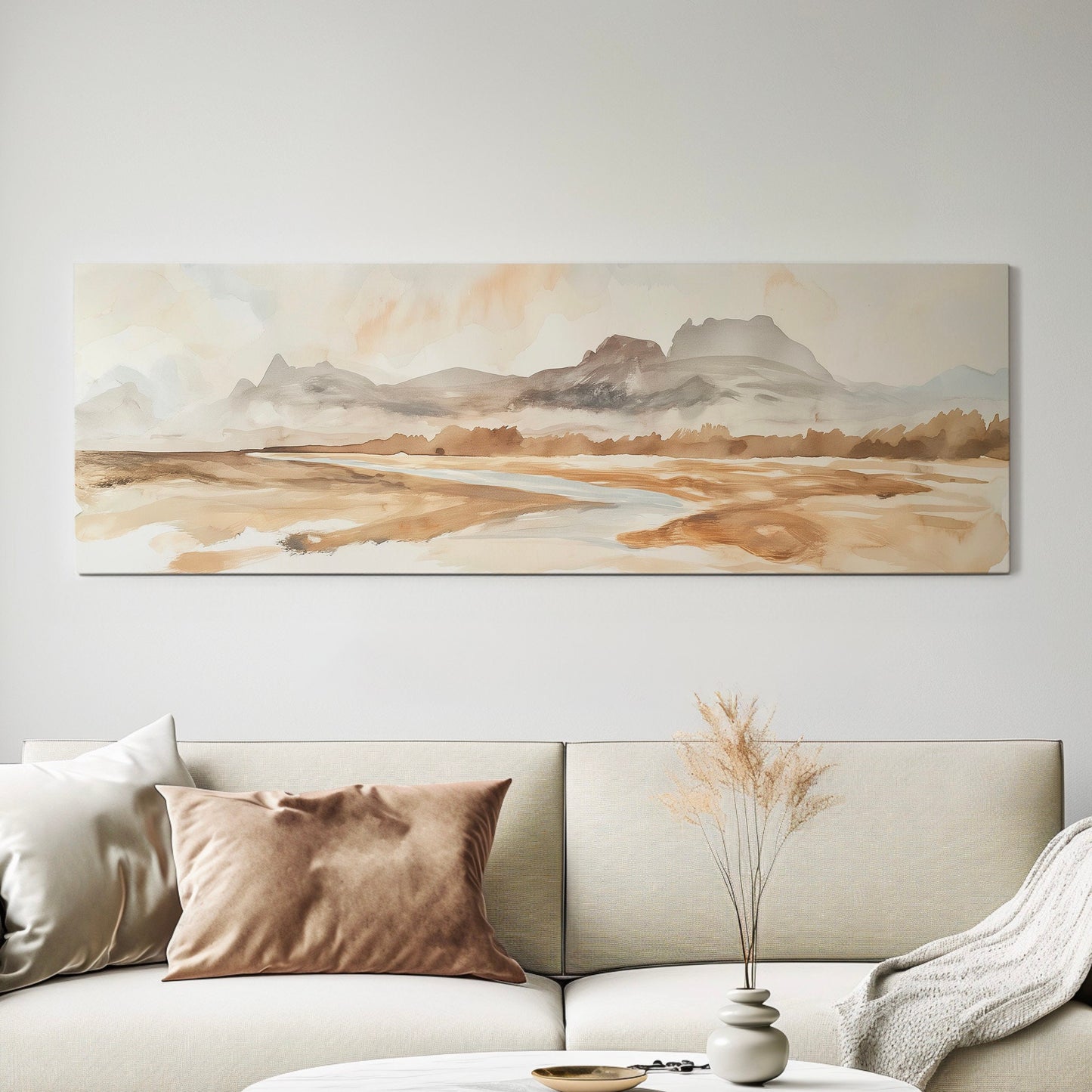 Muted Beach Above Bed Wall Art Watercolor, Panoramic Neutral Canvas Print, Minimal Long Horizontal Canvas Art