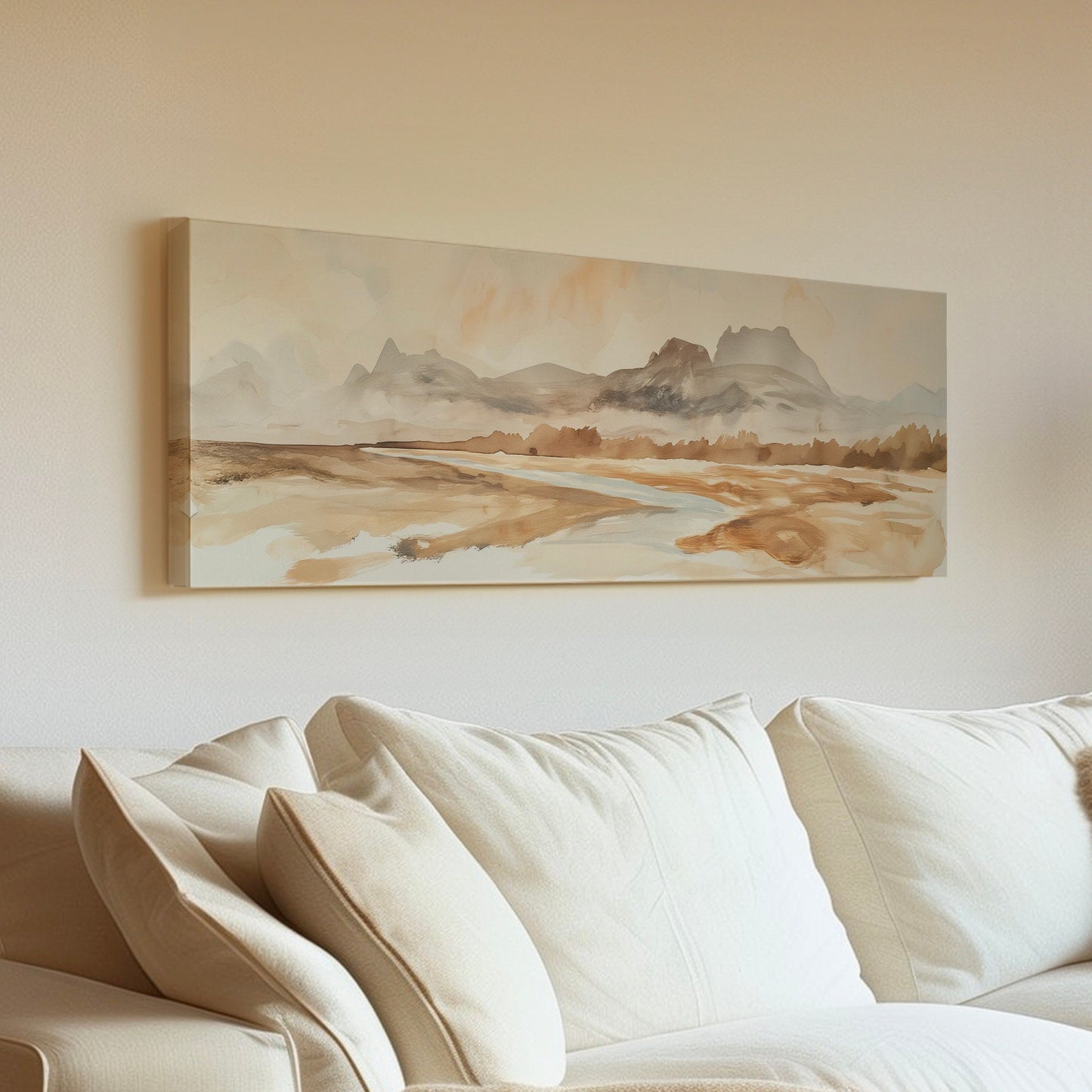 Muted Beach Above Bed Wall Art Watercolor, Panoramic Neutral Canvas Print, Minimal Long Horizontal Canvas Art