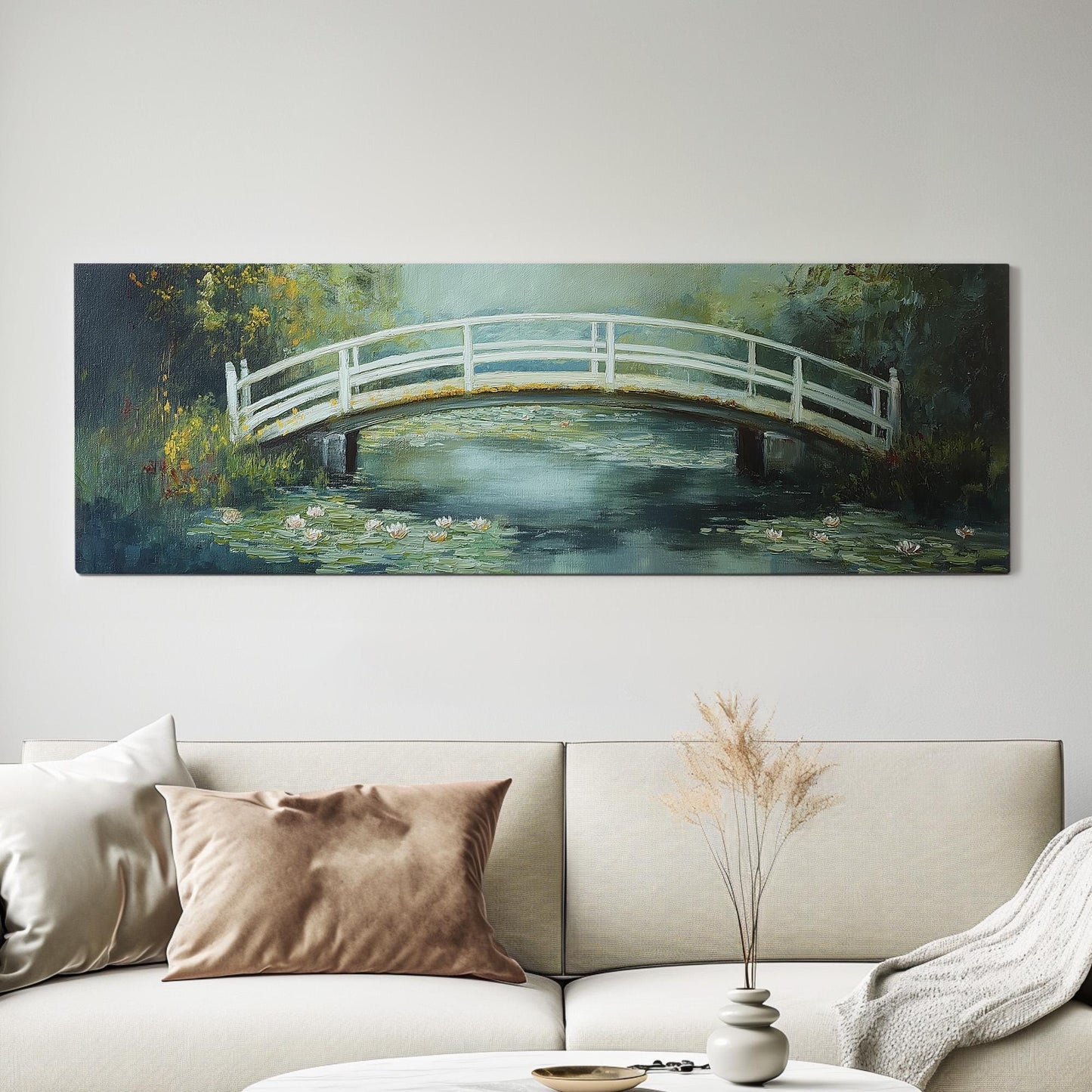 White Bridge On The Lake Panoramic Wall Art Lake Scene, Panorama Quiet Pond Canvas Print, Tranquil Decor Canvas Art