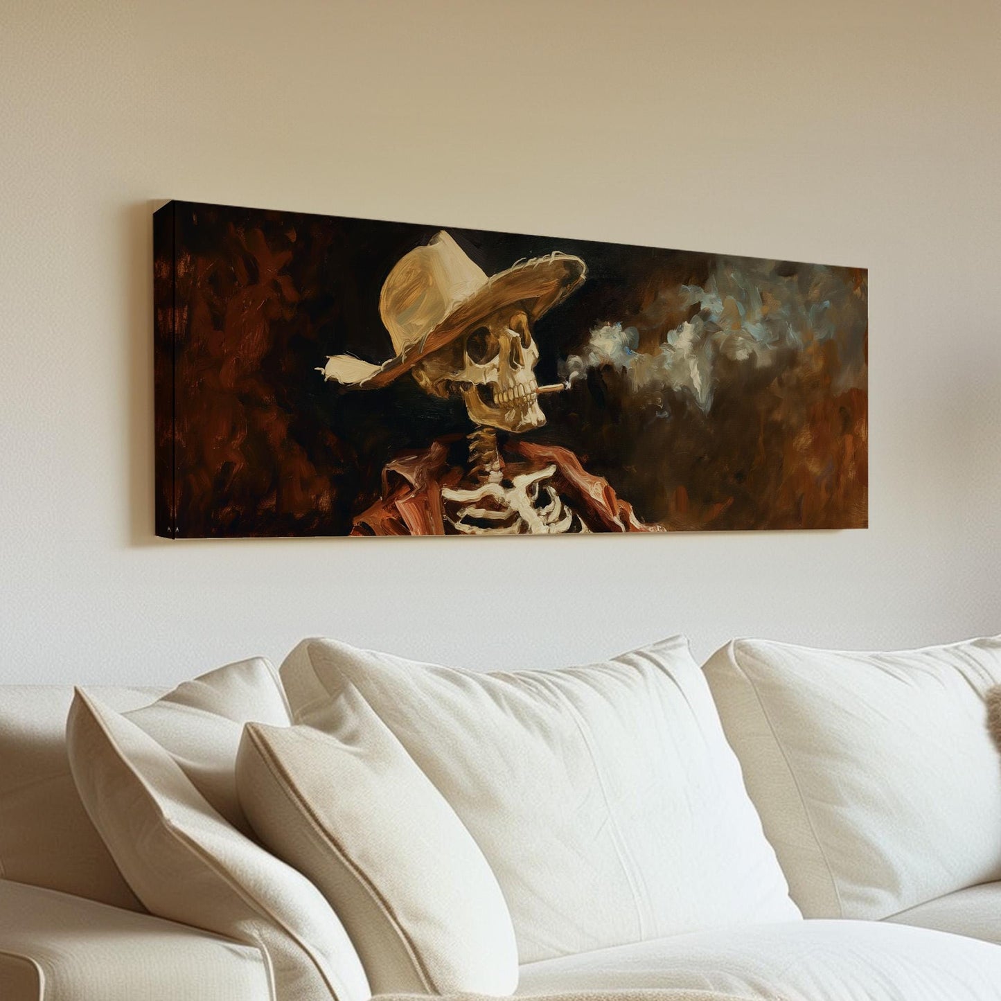 Smoking Cowboy Skeleton Panoramic Wall Art Farmhouse, Panorama Southwestern Canvas Print, Howdy Decor Canvas Art