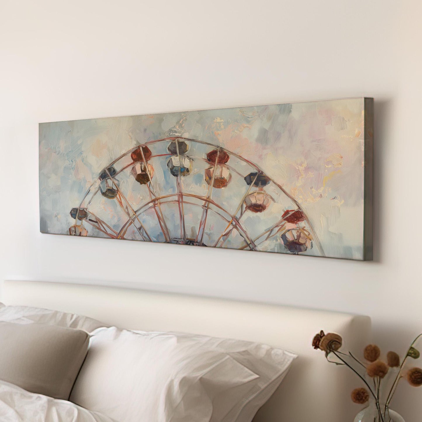 Ferris Wheel Muted Oil Panoramic Wall Art Whimsical, Panorama Amusement Park Canvas Print, Rustic Americana Decor Canvas Art